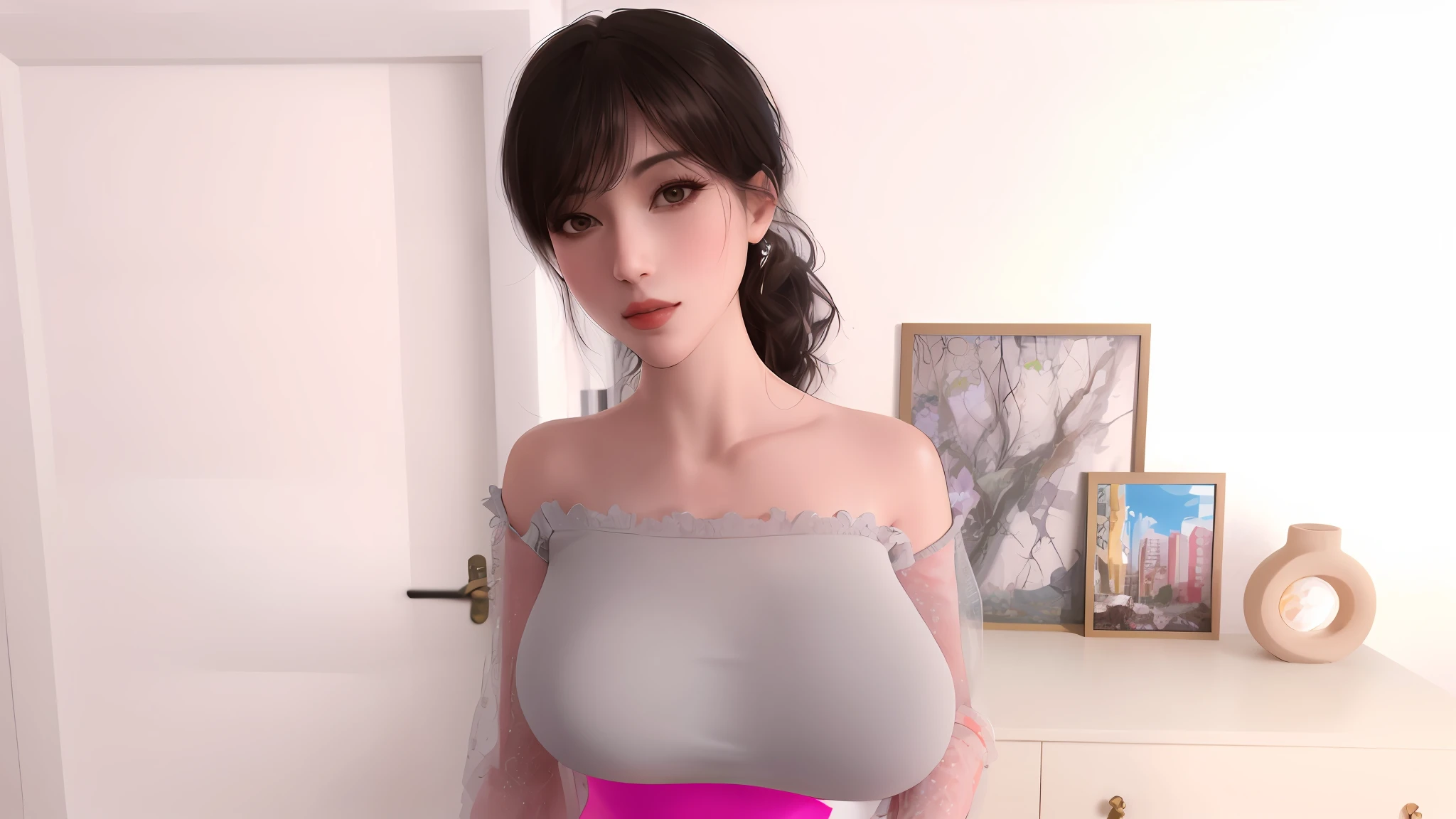 (Big Tits: 1.1), Red Eyes, Sexy, Small Waist, (Big Buttocks), Sheer Cardigan, (Masterpiece: 1.2, Awesome), Realistic, (Real Shot, Fine Crafted, Depth of Field), (1girl, Solo), Makeup, Noble, (Noble Shirt and Leggings: 1.3), Elegant, Blush, Demonstrible, Pride, Confident, (Fair and shiny skin)