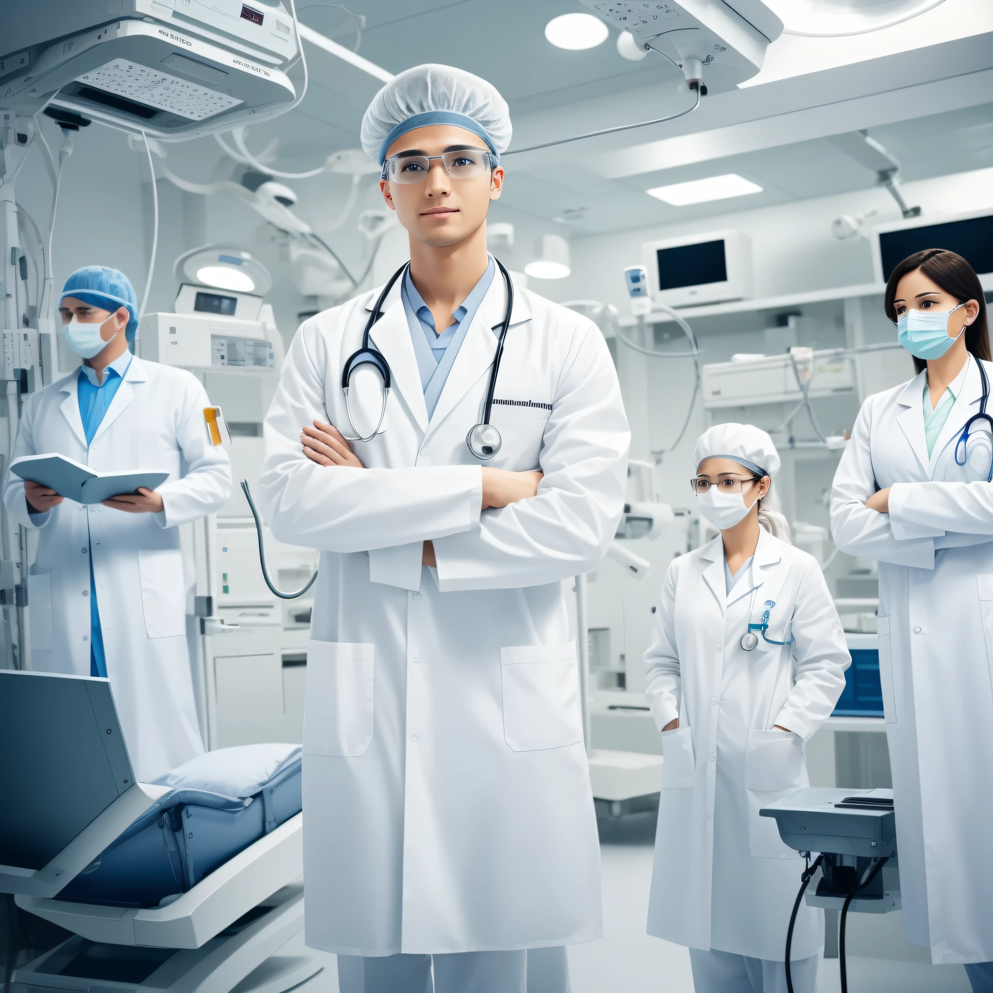 I want several medical students in an operating room, all in white lab coats and standing