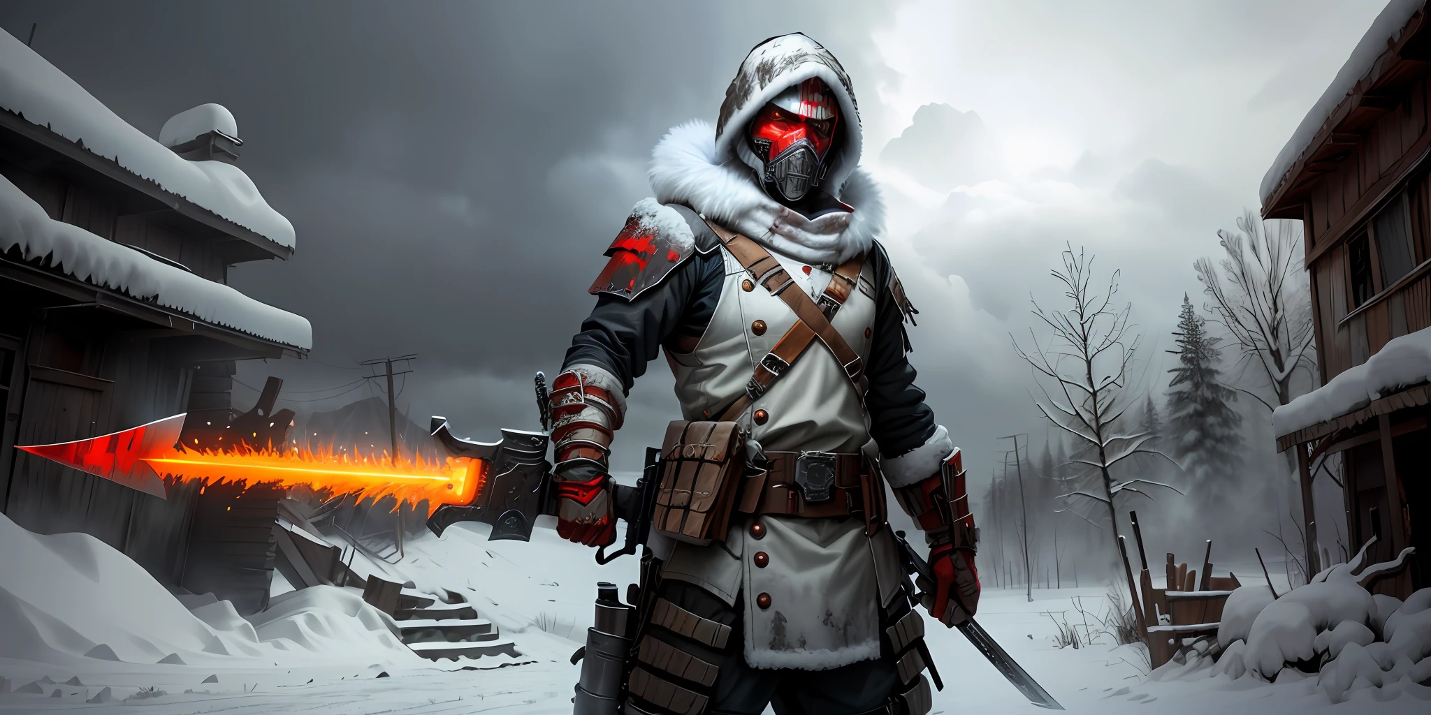 Pos apocalyptic warrior with snow suits and bloody weapons, cannibal, terror, monster