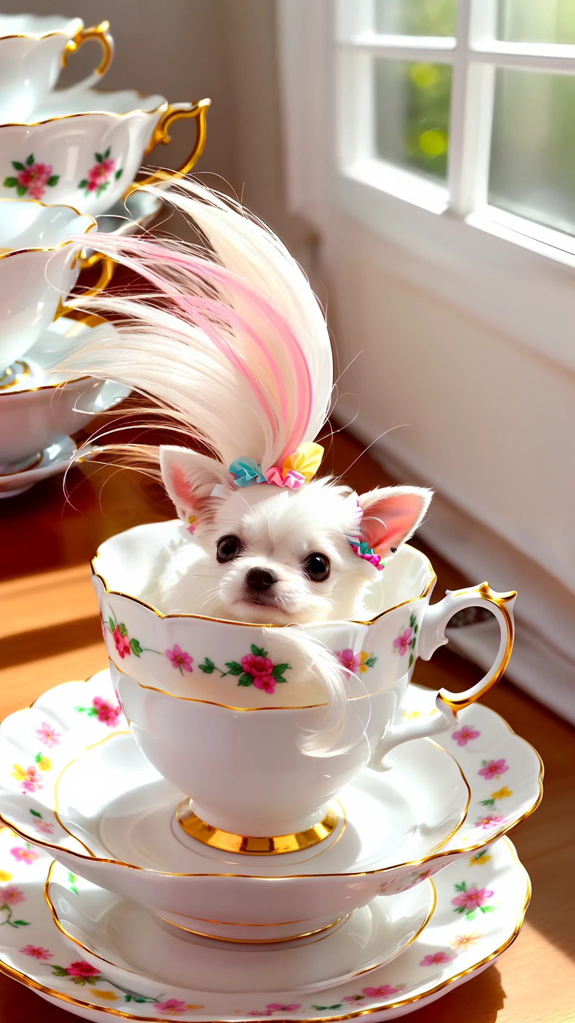 Cute little white Chihuahua in a teacup, big eyes, 8k, delicate, clear, (((real)), paws sticking out of teacup, sticking out tongue, ((cute)), ((small)), professional photographer, professional photography, (((hair is fluffy)), antique and stylish teacups and plates, (face sticking out of teacup), indoors, sunlight, light leak, Reality like photo, ribbon, wearing scrunchies on ears, white, like photo