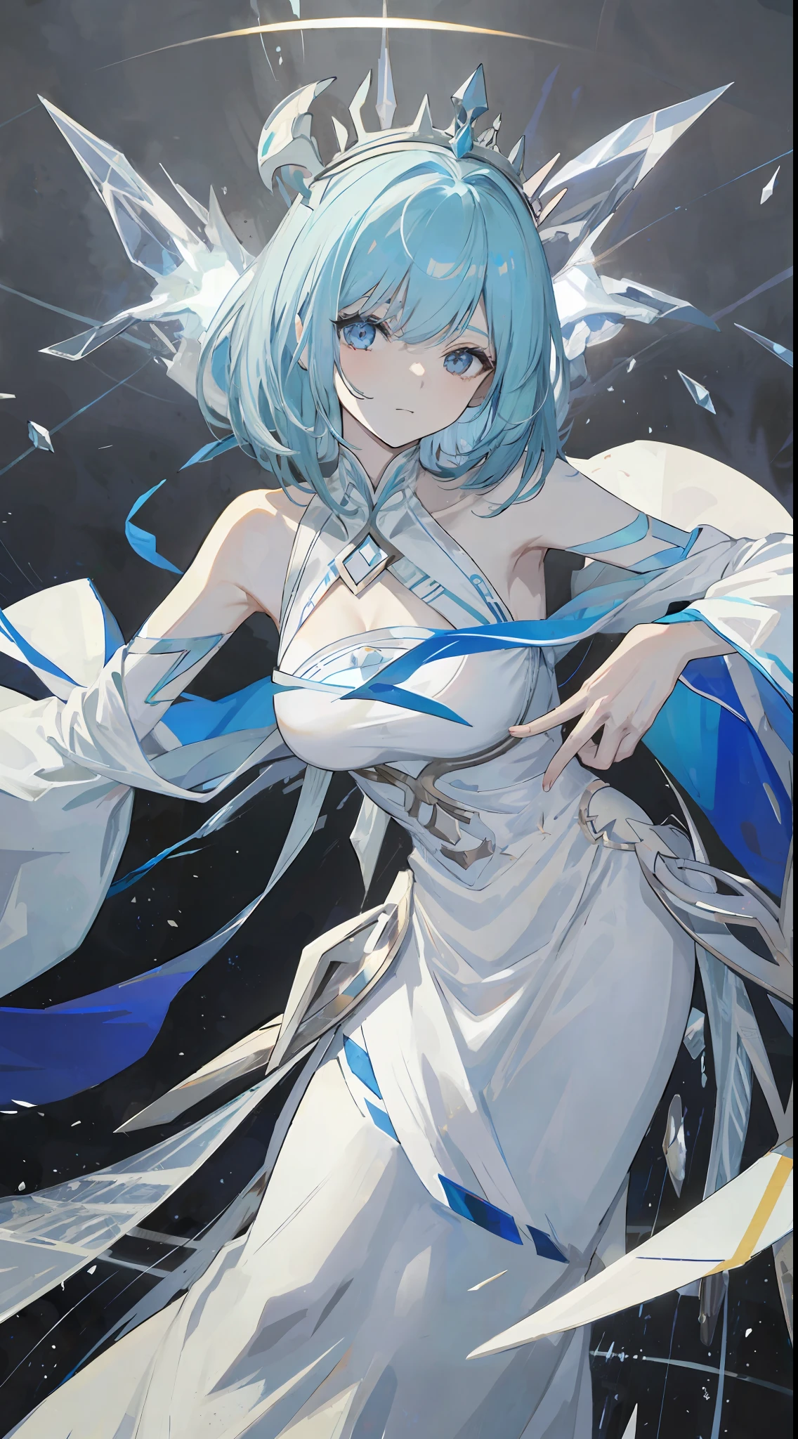 1mature girl, light blue hair, sharp white eyes, wears white dress and a ice crown, make it like tarot anime-style but no frame