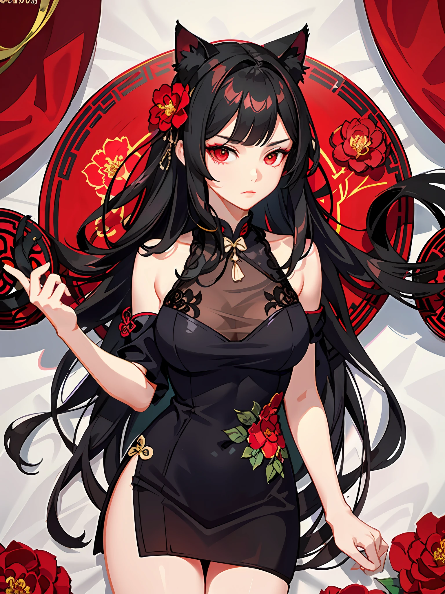 cheongsam, (camellia flower patterned clothes: 1.2), slits, bare shoulders, break, cat ears, (flower hair ornament: 1.2), choker, black hair, red eyes, big eyes, big breasts, long lashes, break, background, hospital room, bed, break, injection,