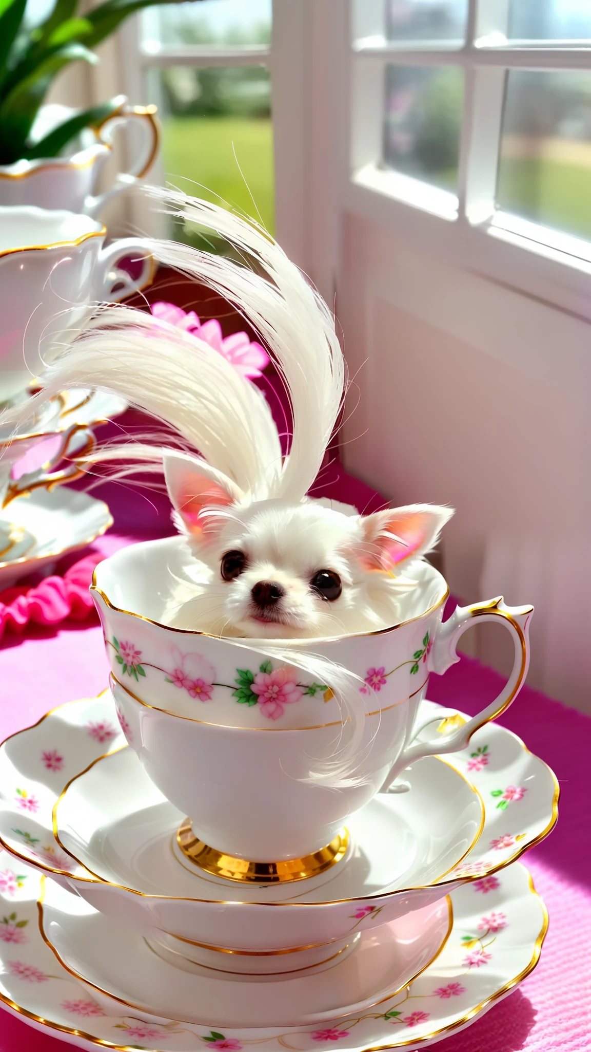 Cute little white Chihuahua in a teacup, big eyes, 8k, delicate, clear, (((real)), paws sticking out of teacup, sticking out tongue, ((cute)), ((small)), professional photographer, professional photography, (((hair is fluffy)), antique and stylish teacups and plates, (face sticking out of teacup), indoors, sunlight, light leak, Reality like photo, ribbon, wearing scrunchies on ears, white, like photo