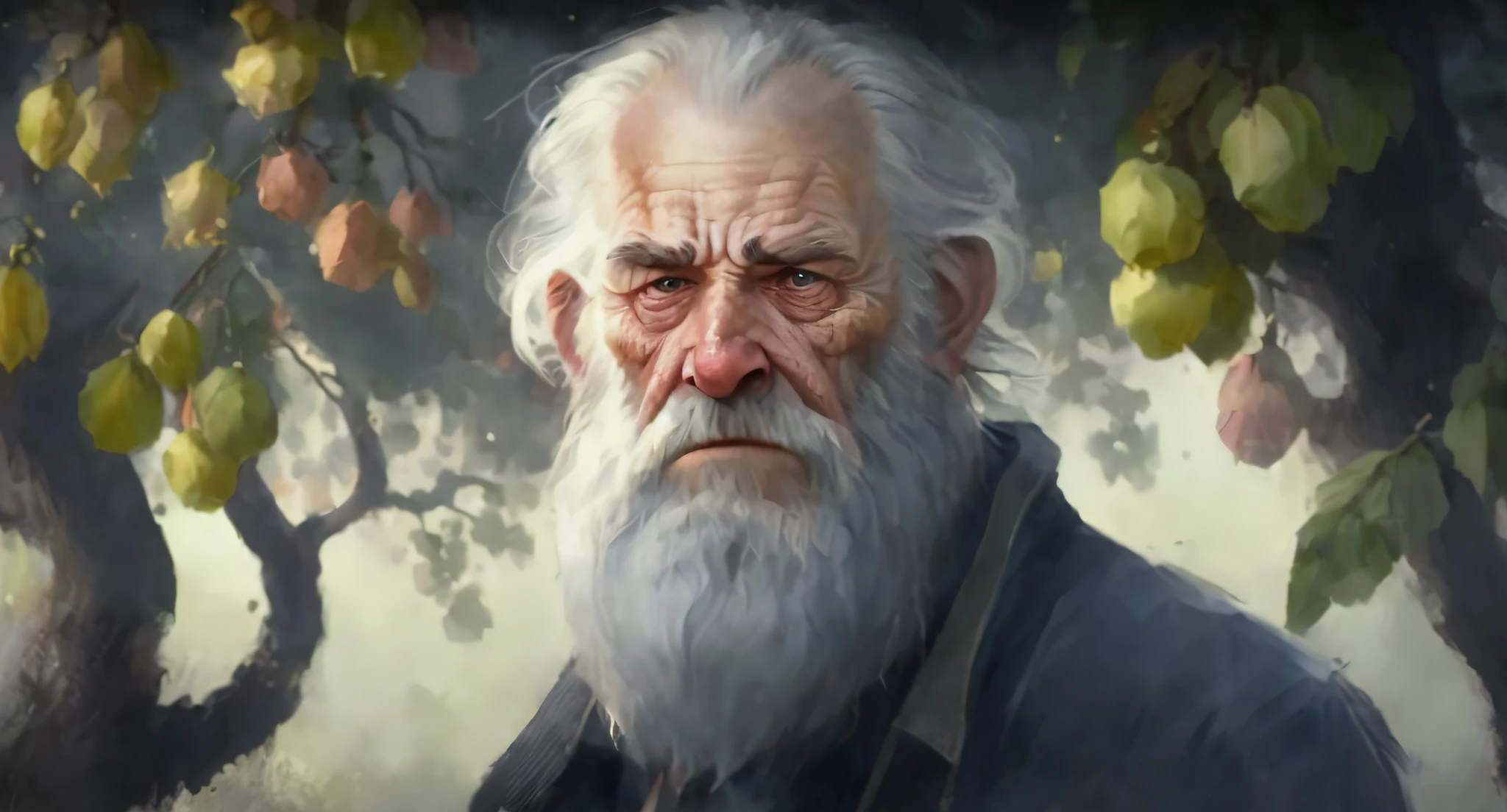 an old man with a beard and a beard standing in front of a tree, portrait of hide the pain harold, painted portrait of rugged odin, old man portrait, wise old man, druid portrait, male god svarog portrait, an old man, old man, hide the pain harold, by Ludwik Konarzewski Jr, rpg portrait concept art