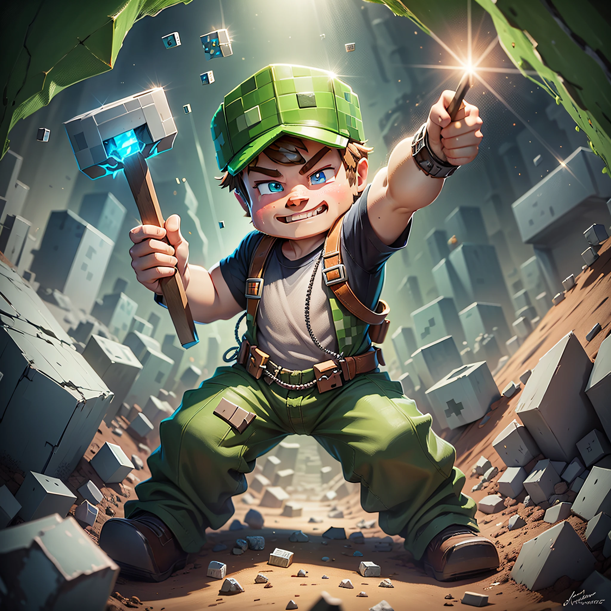 Steve from Minecraft, happy and with a pickaxe in his right hand, mining inside a cave, with apparent diamond blocks