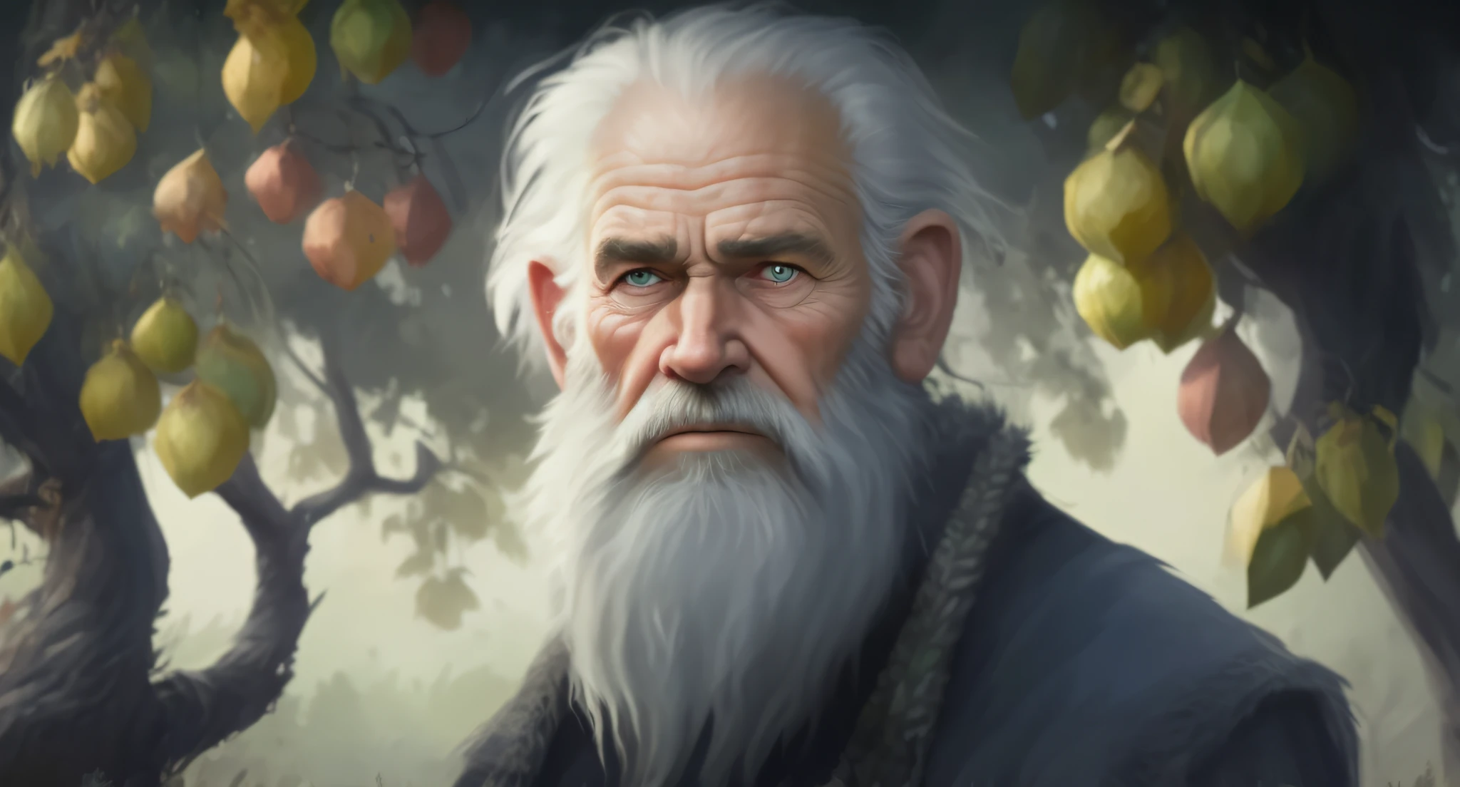 an old man with a beard and a beard standing in front of a tree, portrait of hide the pain harold, painted portrait of rugged odin, old man portrait, wise old man, druid portrait, male god svarog portrait, an old man, old man, hide the pain harold, by Ludwik Konarzewski Jr, rpg portrait concept art