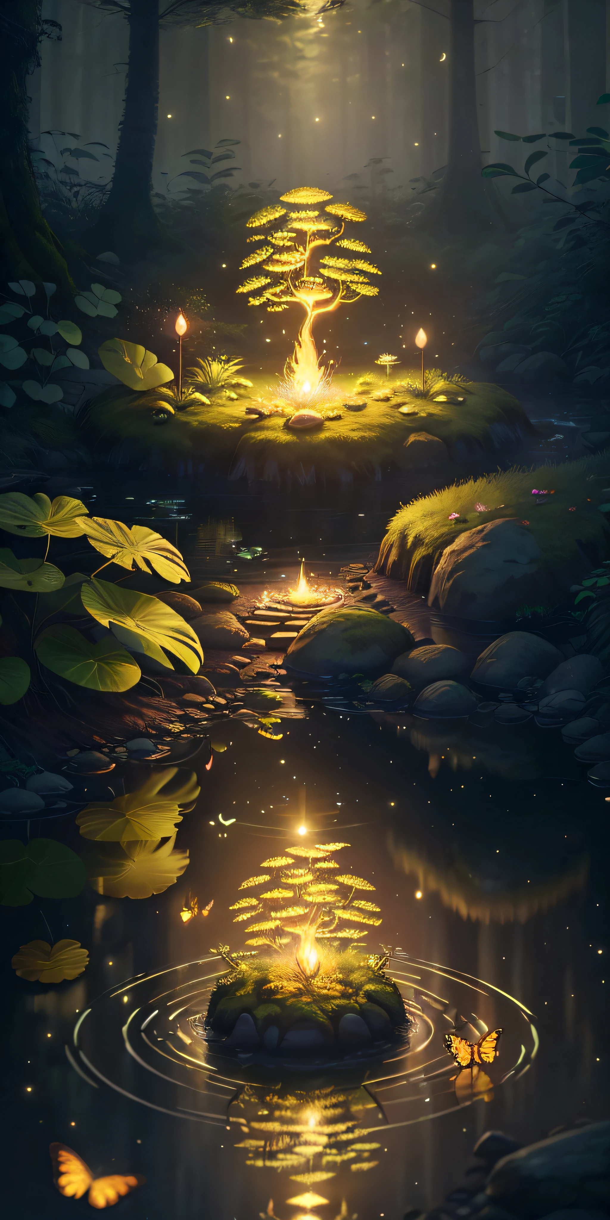 A masterpiece, the best quality, stunning reflections, the best reflections ever. (very detailed CG unity 8k wallpapers), (best quality), (best illustrations), forest theme with natural elements. Tall trees, quiet streams, glowing little mushrooms surrounded by delicate leaves and branches, as well as fireflies and glowing particle effects fawns, colorful flowers,, (natural elements), (jungle theme), (leaves), (twigs), (fireflies), butterflies, (delicate leaves), (glow), (particle effects). , Isometric 3D, Octane Rendering, Ray Traced, Super Detailed