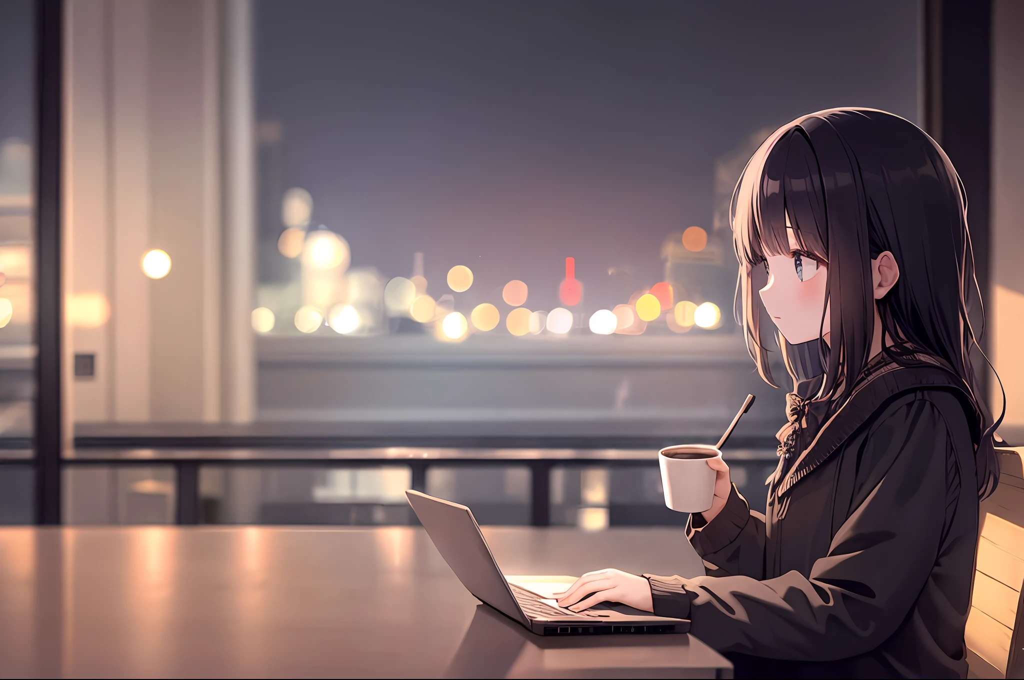 1girl, cafe, city, night, cozy, sitting, reading, (depth of field:1.3), laptop, bokeh, coffee, cake,, detailed background, masterpiece, best quality,
