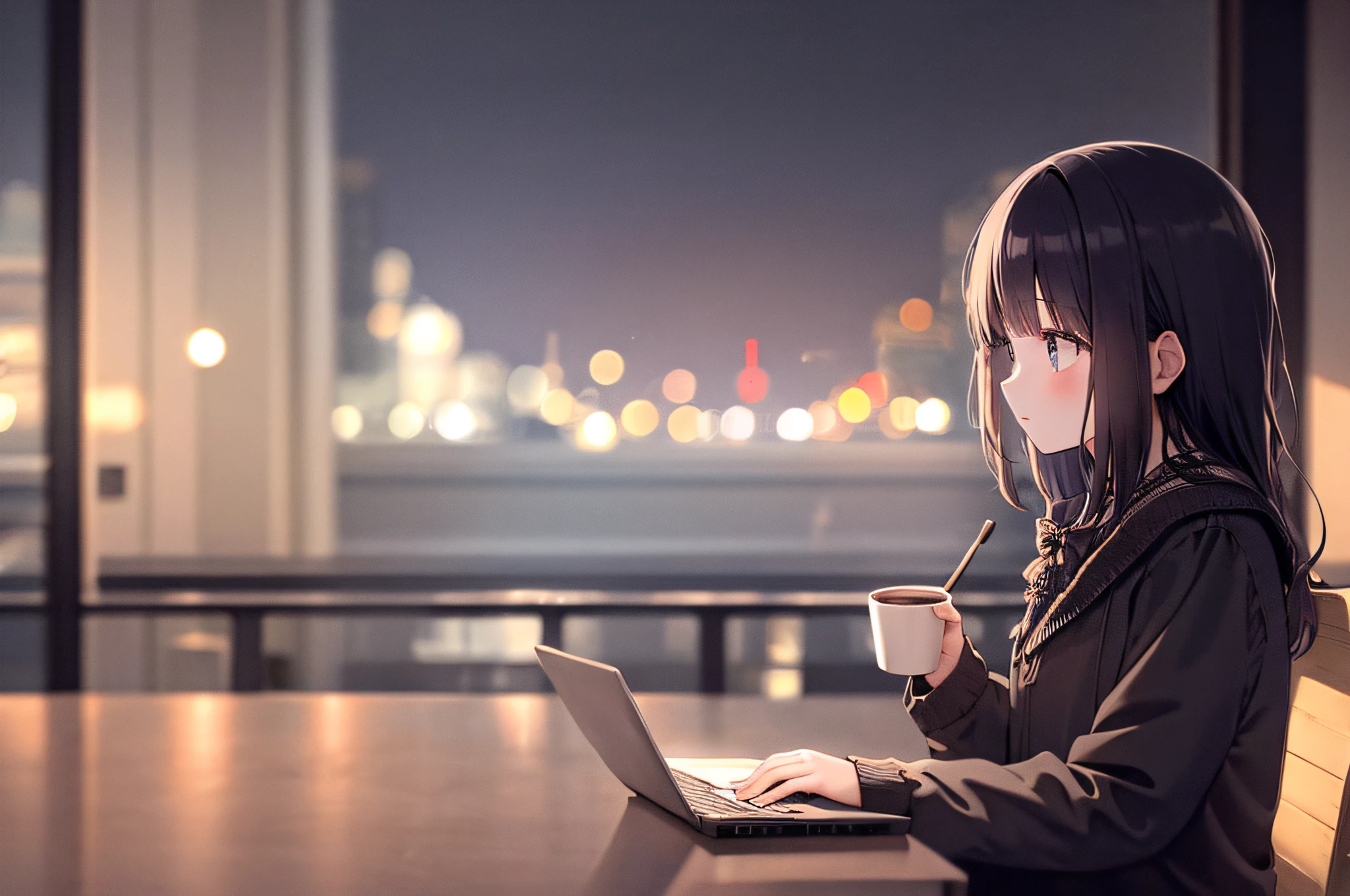 1girl, cafe, city, night, cozy, sitting, reading, (depth of field:1.3), laptop, bokeh, coffee, cake,, detailed background, masterpiece, best quality,