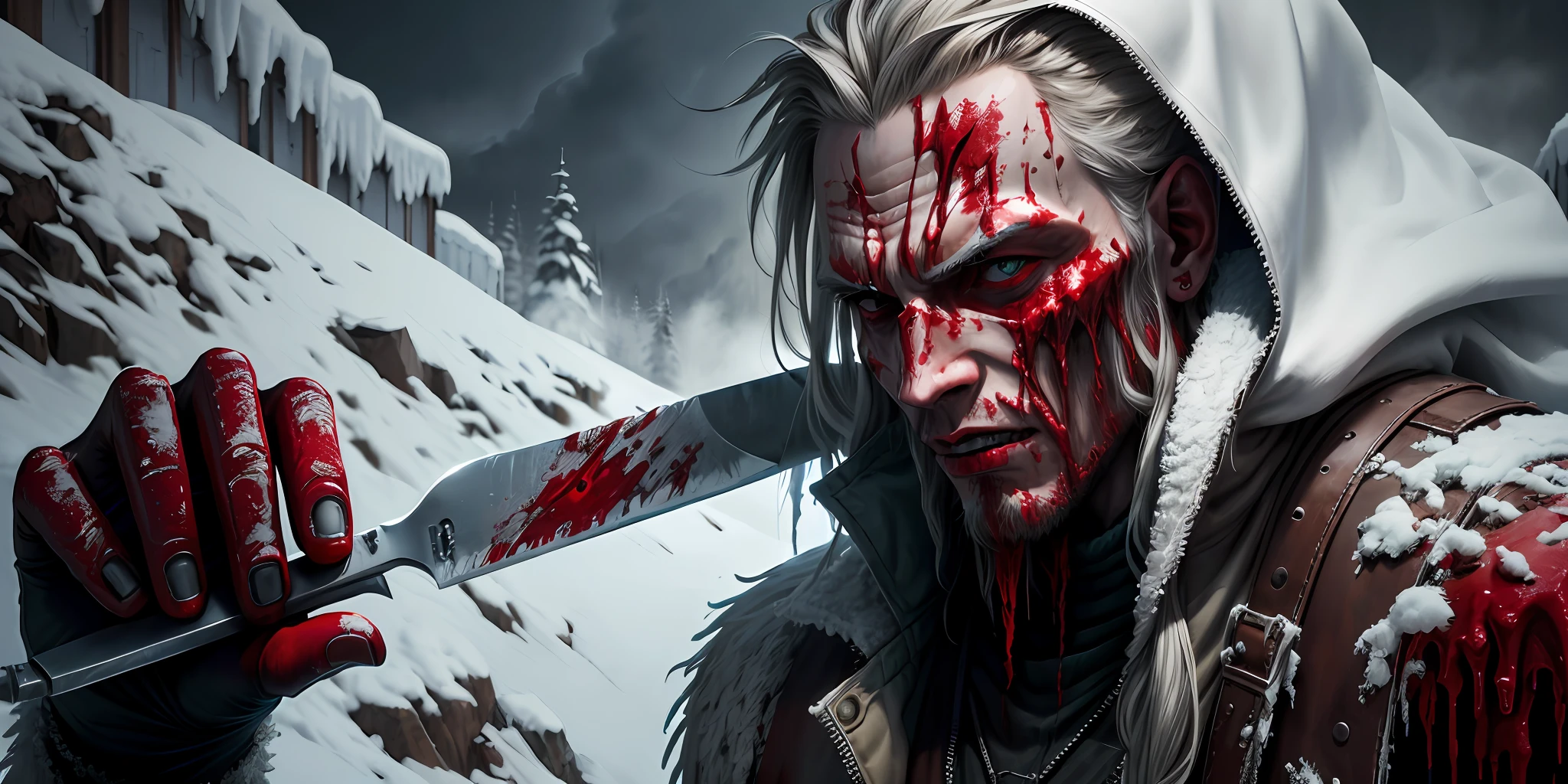 monstrous human bloody cannibal, bleeding with dirty sharp weapons and frozen clothing