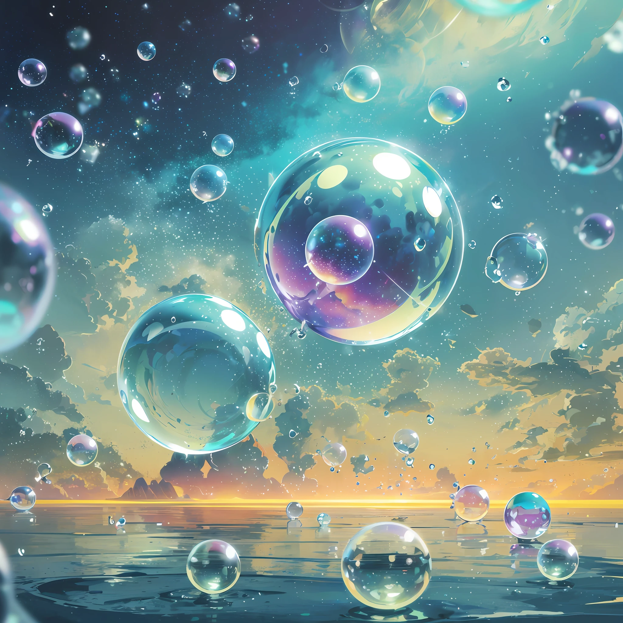 Computer volumetric graphics, realistic fantasy, Extensive landscape ultra photography (general view, which shows soap bubbles, water, circles on the water, sky, drops), blurred background, cold, shade of turquoise, a little purple, airy color, magic --auto --s2