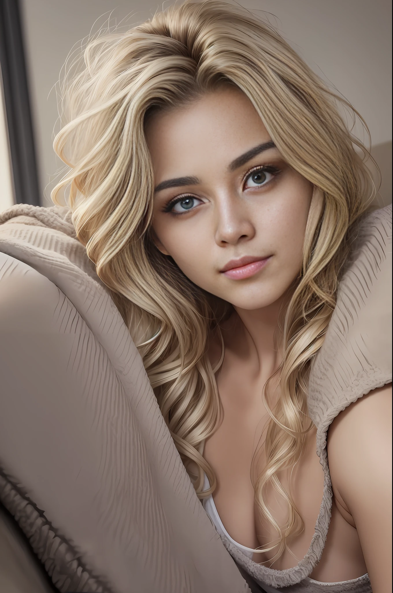 absurdres, RAW photo, highest quality, (masterpiece: 1.3), high detail RAW color photo, professional photo, extremely detailed CG 8k wallpaper unit, photo-realistic, realistic, RAW photo, masterpiece, best quality, highres,
1girl, 19 YEARS OLD, white, blonde hair, wavy, Average length, unkempt hair, beautiful body, perfect gorgeous face, beautiful light brown realistic eyes, fair skin, detailed skin texture, very small natural breasts. Serious. Tired. Guy who just woke up. Lying on a couch with a blanket. Selfie angle. (Sleeping T-shirt, simple design). An ordinary house, small, dark.