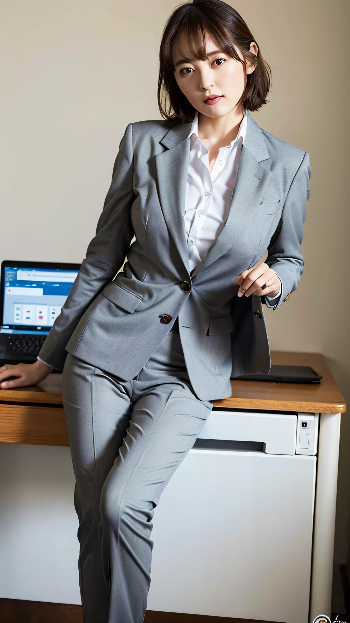 (Top Quality, 8k, 32k, Masterpiece, UHD: 1.2), 1 girl, beautiful Japan woman, thin waist, gray suit, open jacket, office lady, suit, pants, from the front, office, desk, (sticking out the buttocks: 1.2), fine face, short hair,