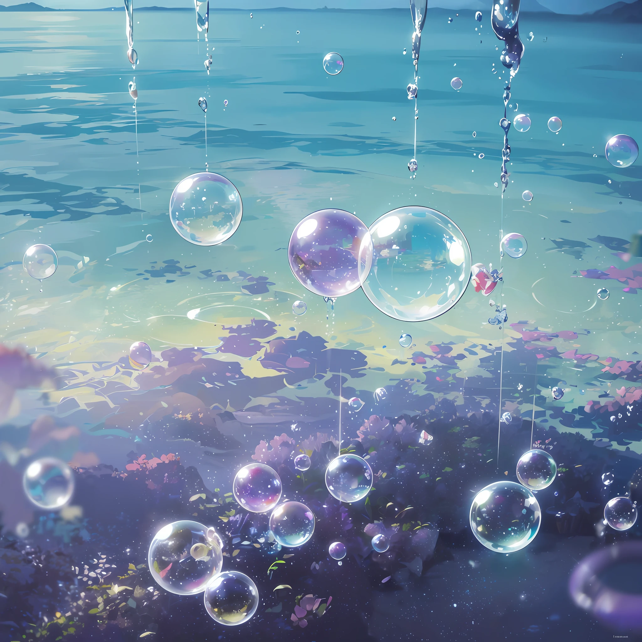 Computer volumetric graphics, realistic fantasy, Extensive landscape ultra photography (general view, which shows soap bubbles, water, circles on the water, sky, drops), blurred background, cold, shade of turquoise, a little purple, airy color, magic --auto --s2