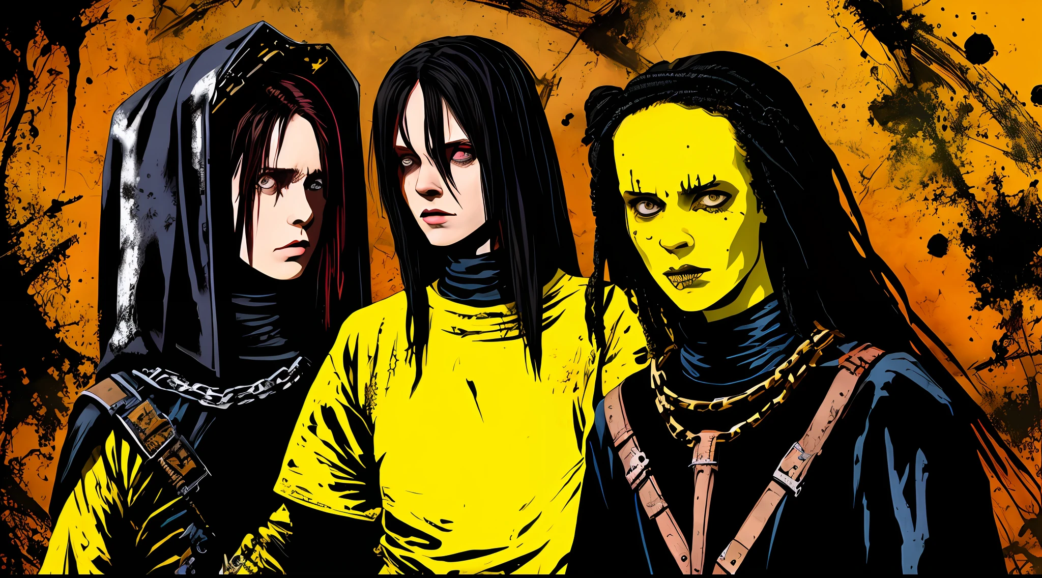 medieval slaves, in the style of Mork Borg, strong contrast, grunge dirty punk splash art, zine black metal, yellow and black medieval background