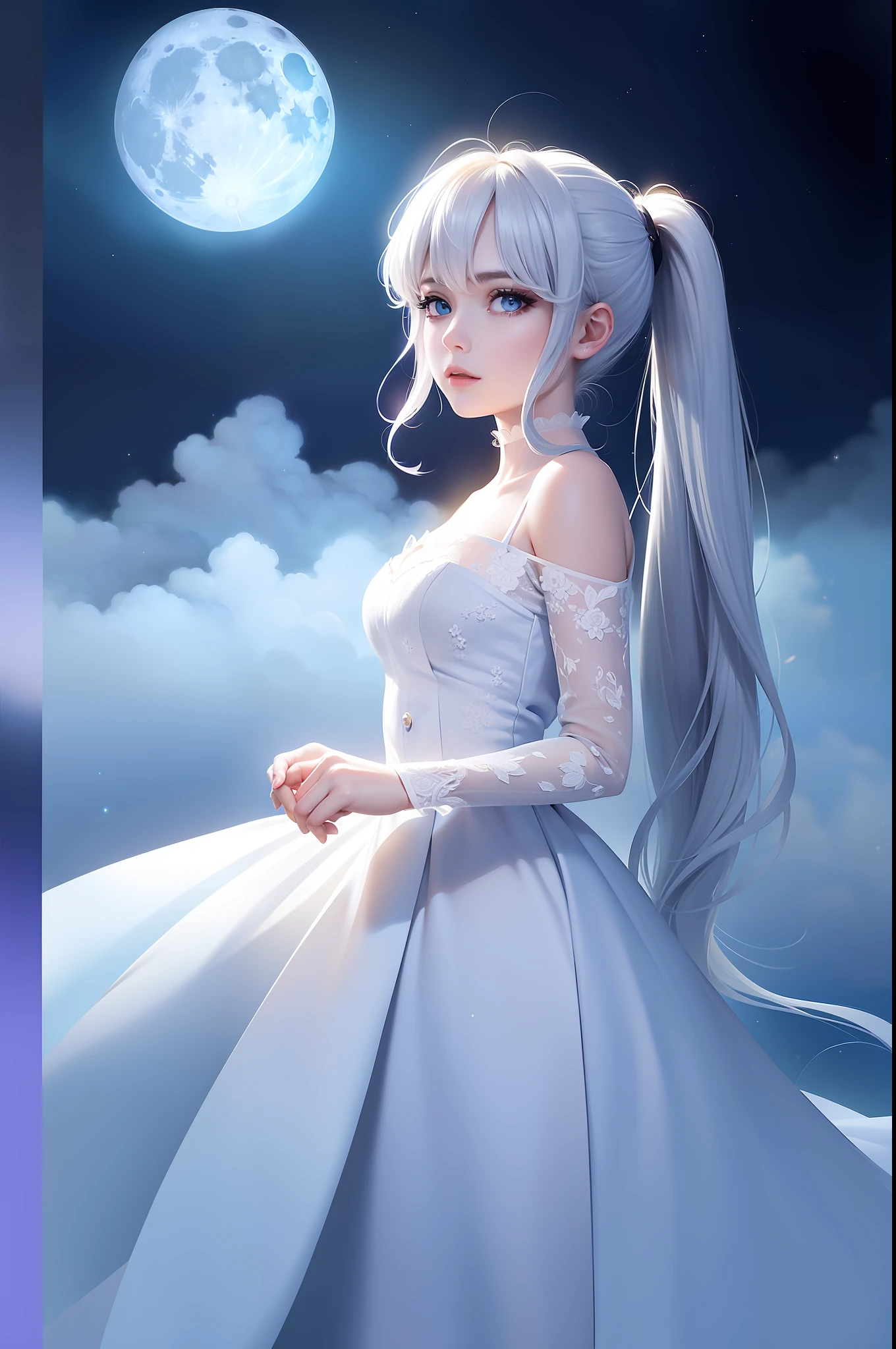 Masterpiece, (Best Quality: 1.2), (Super Fine: 1.2), Illustration, (Extremely Delicate and Beautiful: 1.2), Film Angle, Floating, (Beautiful Detail Eye: 1.1), (Detail Light: 1.1), Film Lights, Delicate Sky, Woman, White Hair, Blue Eyes, (High Ponytail: 1.1), Cloak, Glowing Eyes, (Moon: 1.2), (Moonlight: 1.1), Starry Sky, (Light Particles: 1.1), Fog , snow painting, sketching, blooming