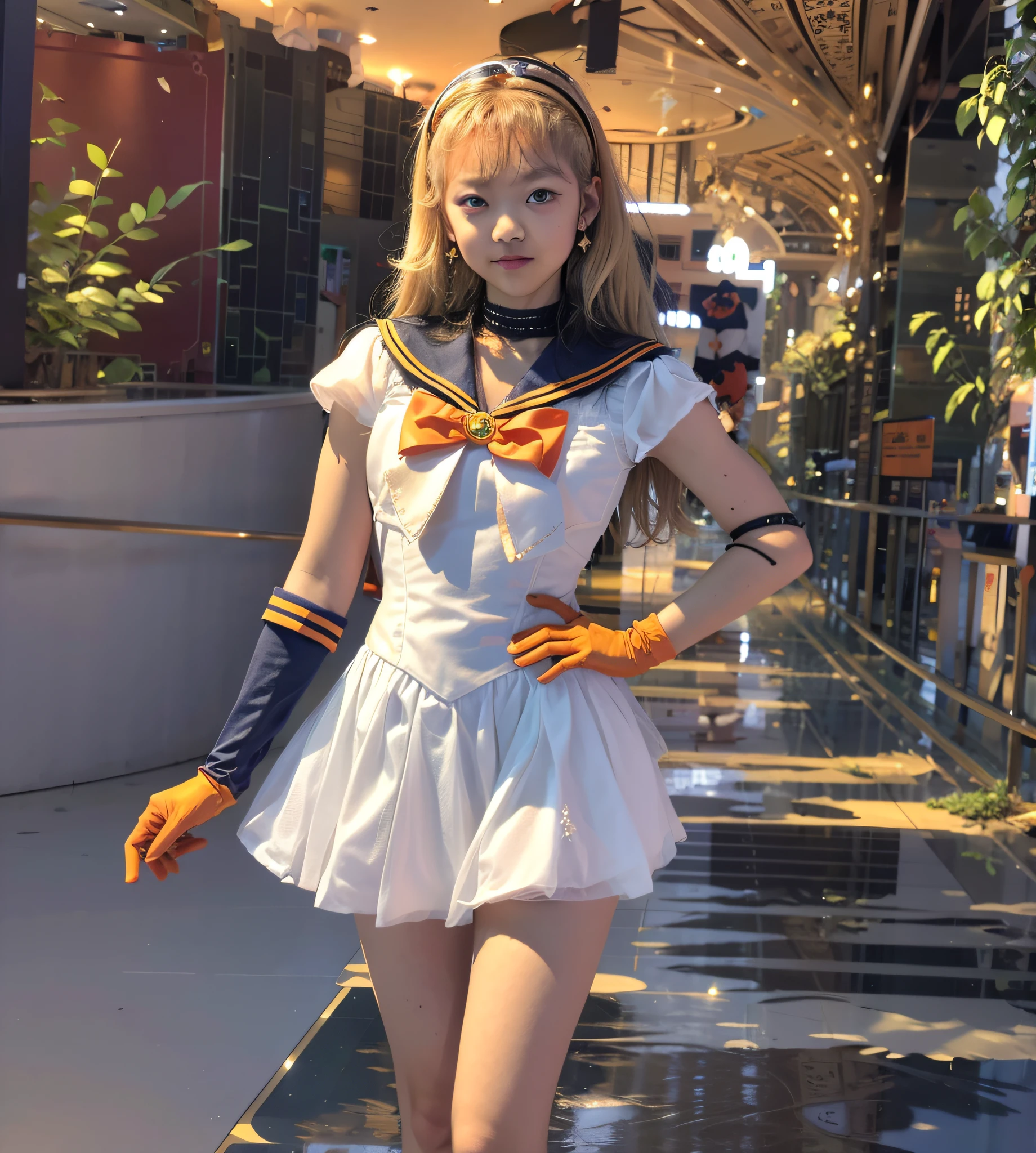 masterpiece,bestquality,highres,venus1,1girl,solo,sailorsenshiuniform,sailorvenus,ainominako,blondehair,magicalgirl,blueeyes,orangeskirt,elbowgloves,tiara,pleatedskirt,hairbow,orangesailorcollar,miniskirt,choker,redbow,orangechoker,whitegloves,verylonghair,jewelry,earrings,,sitting,crossedlegs,