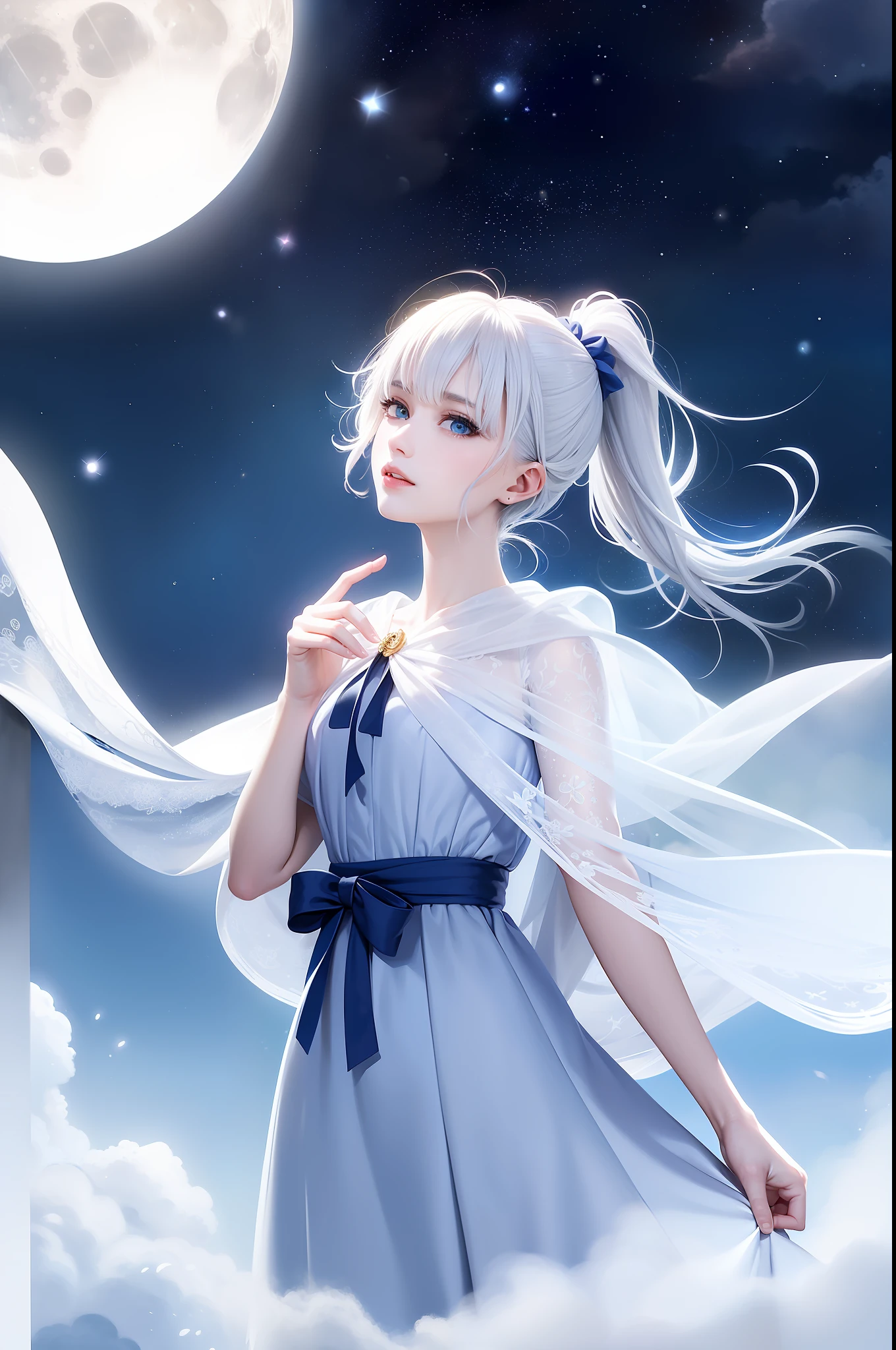 Masterpiece, (Best Quality: 1.2), (Super Fine: 1.2), Illustration, (Extremely Delicate and Beautiful: 1.2), Film Angle, Floating, (Beautiful Detail Eye: 1.1), (Detail Light: 1.1), Film Lights, Delicate Sky, Woman, White Hair, Blue Eyes, (High Ponytail: 1.1), Cloak, Glowing Eyes, (Moon: 1.2), (Moonlight: 1.1), Starry Sky, (Light Particles: 1.1), Fog , snow painting, sketching, blooming