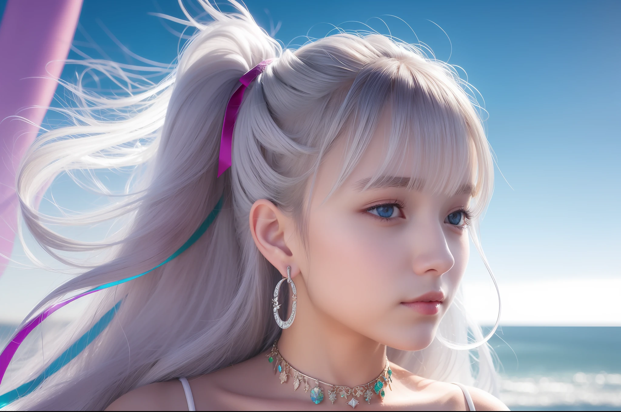 20 year old girl, double eyelids, high nose, side face, long silver fluffy hair, gorgeous jewelry accessories colorful ribbon on hair, portrait close-up