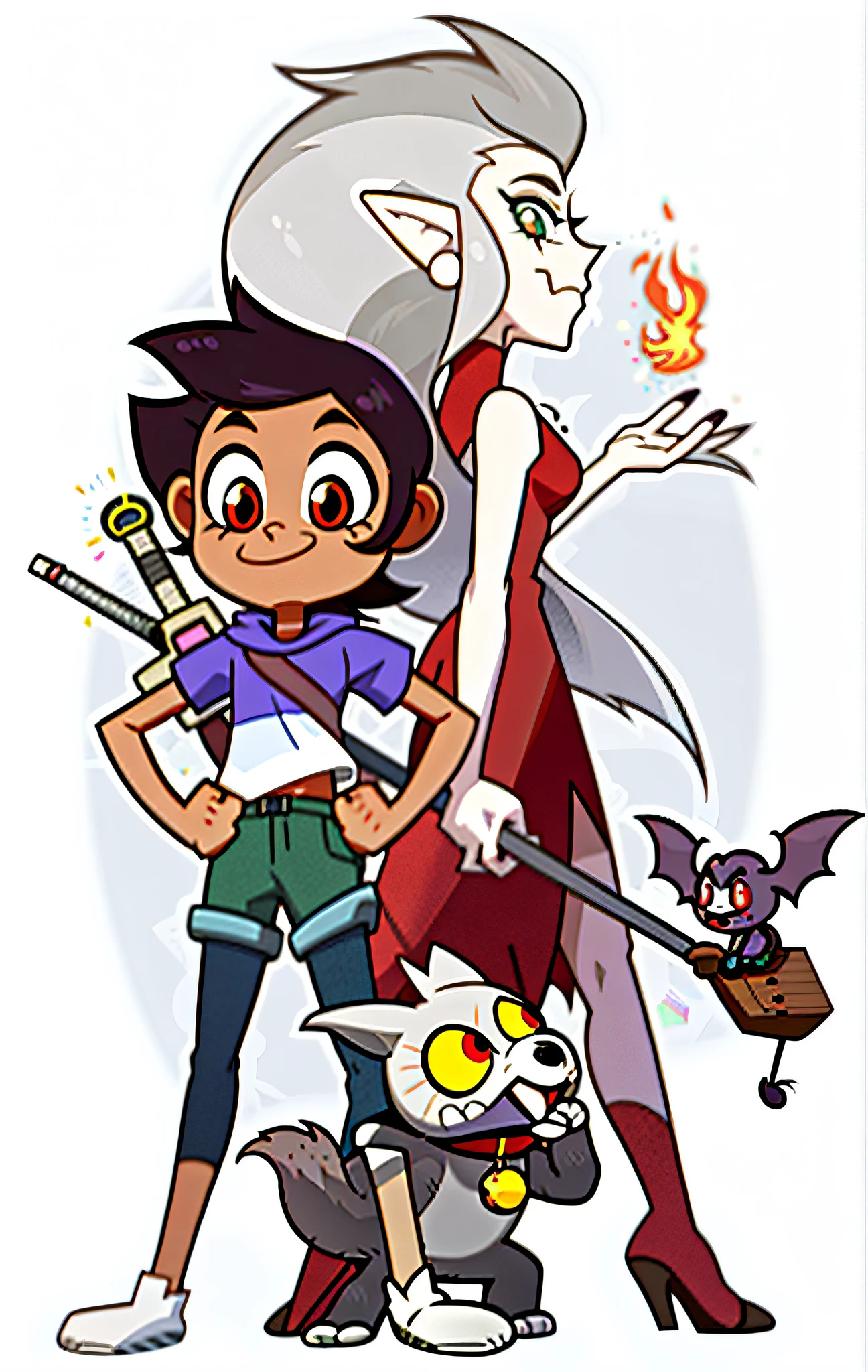 cartoon of a boy and a girl with a sword and a cat, promotional art, official art, animated series, human game protagonist designs, medium shot of two characters, hero 2 d fanart artsation, fool and pixel jeff, several character designs, official character art, full body character design, brittney lee, character artwork, cartoon network style, game characters, official artwork