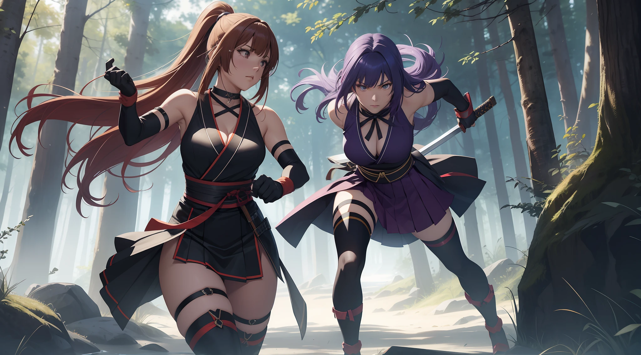 Full body shot of two female character from Dead or Alive game. Kasumi versus Ayame, fighting in a fierce duel death match with weapon short swords, with serious expression. Kasumi looking to Ayane, and Ayane looking to Kasumi. They have long loose hairstyle. They are wearing different color of traditional sleeveless kimono, with a floral print skirt, an obi tied on back hip, a pair of 100% black thigh highs, black shoes, a pair of thin long black elbow gloves, hand guards, and a choker. Background set in a dark forest.