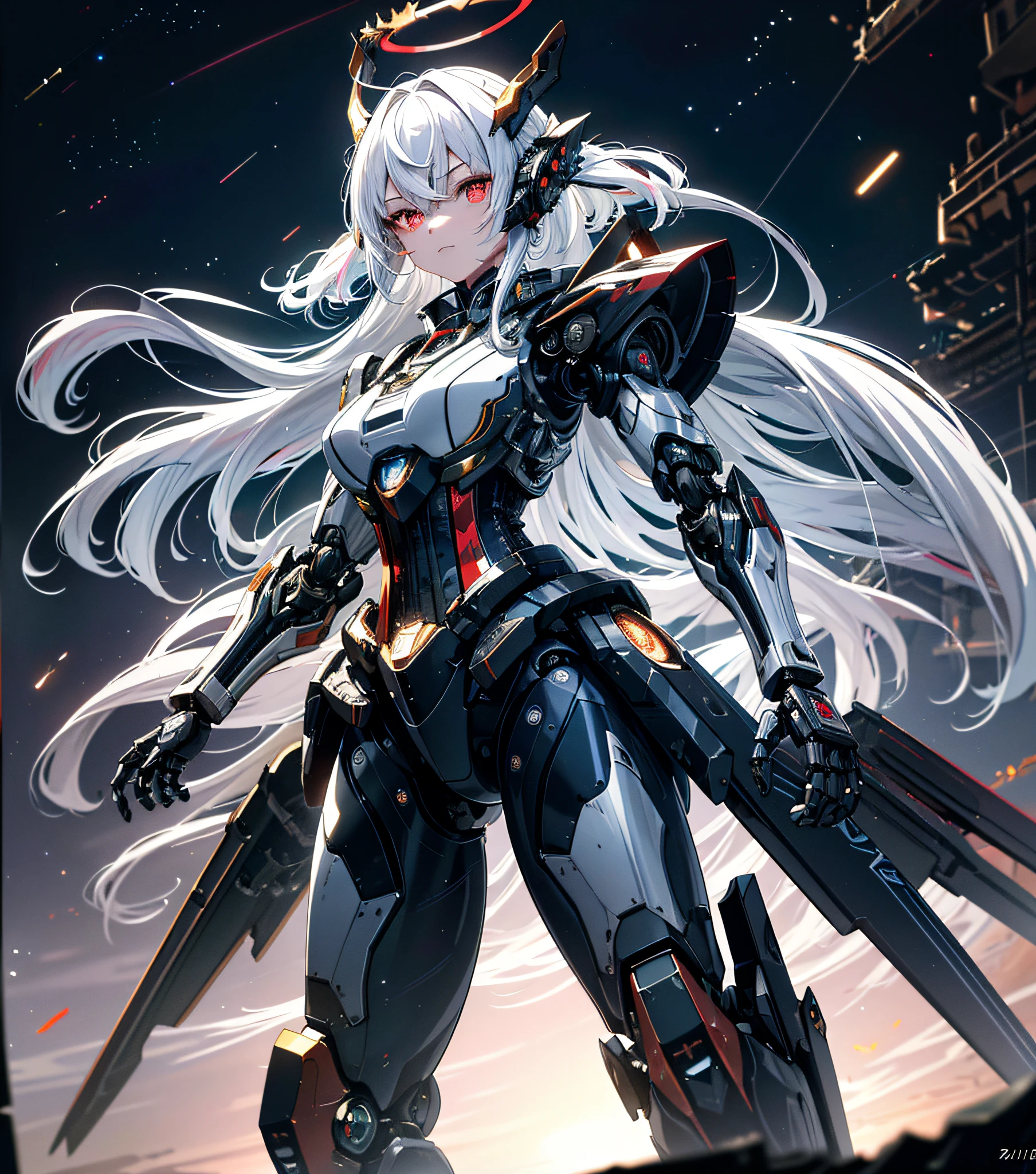 masterpiece,best quality,ultra-detailed,very detailed illustrations,extremely detailed,intricate details,highres,super complex details,extremely detailed 8k cg wallpaper,cowboy shot, caustics,reflection,ray tracing,demontheme,nebula,dark aura,cyber effect, (1girl:1.4),solo,alone,mecha musume,mechanical parts, robot joints,single mechanical arm, headgear, mechanical halo,star halo,intricate mechanical bodysuit, mecha corset, full armor, very long hair,white hair, hair between eyes, multicolored hair, colored inner hair, red eyes,glowing eye,eye trail, random expressions,random action, ancient japanese architecture,pond, starry sky,skyline,