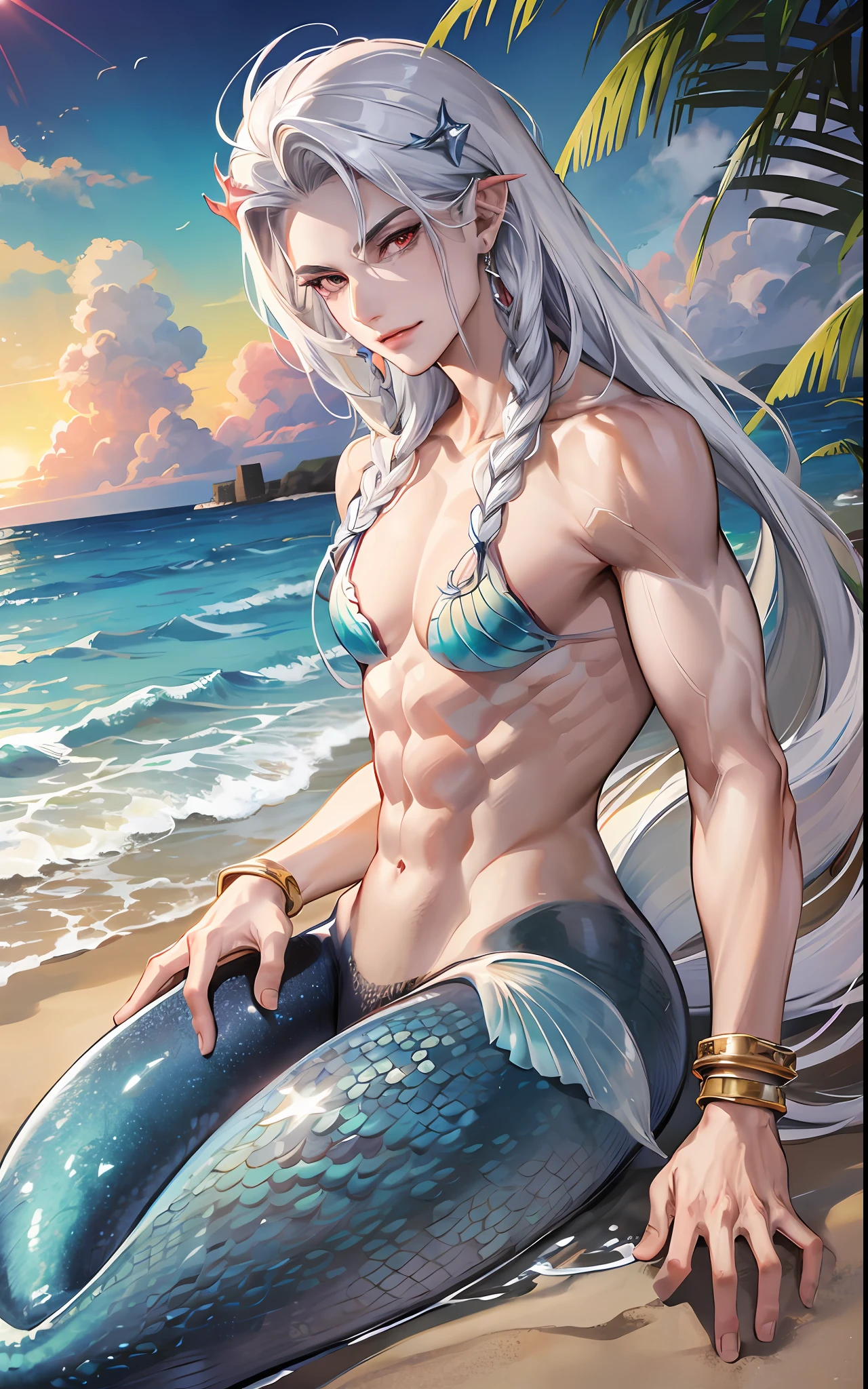 man, masculine, masculine face, attractive, muscular, (((1man))), masterpiece, absurdres, best quality ,intricate details , (shiny skin, shiny body, shiny oily luster skin, shiny hair, pale skintone), Sundown, attractive, ((muscular)), adult, one, earrings, Don't look at the view , Not looking at the view, silver hair, braided hair, perfect detailed face, perfect detailed hands, triton, fins, red eyes, triton ears, ((MLS)), smirk, medium large shoot, marine ornaments, beach in the background, ((mermaid tail)), no legs