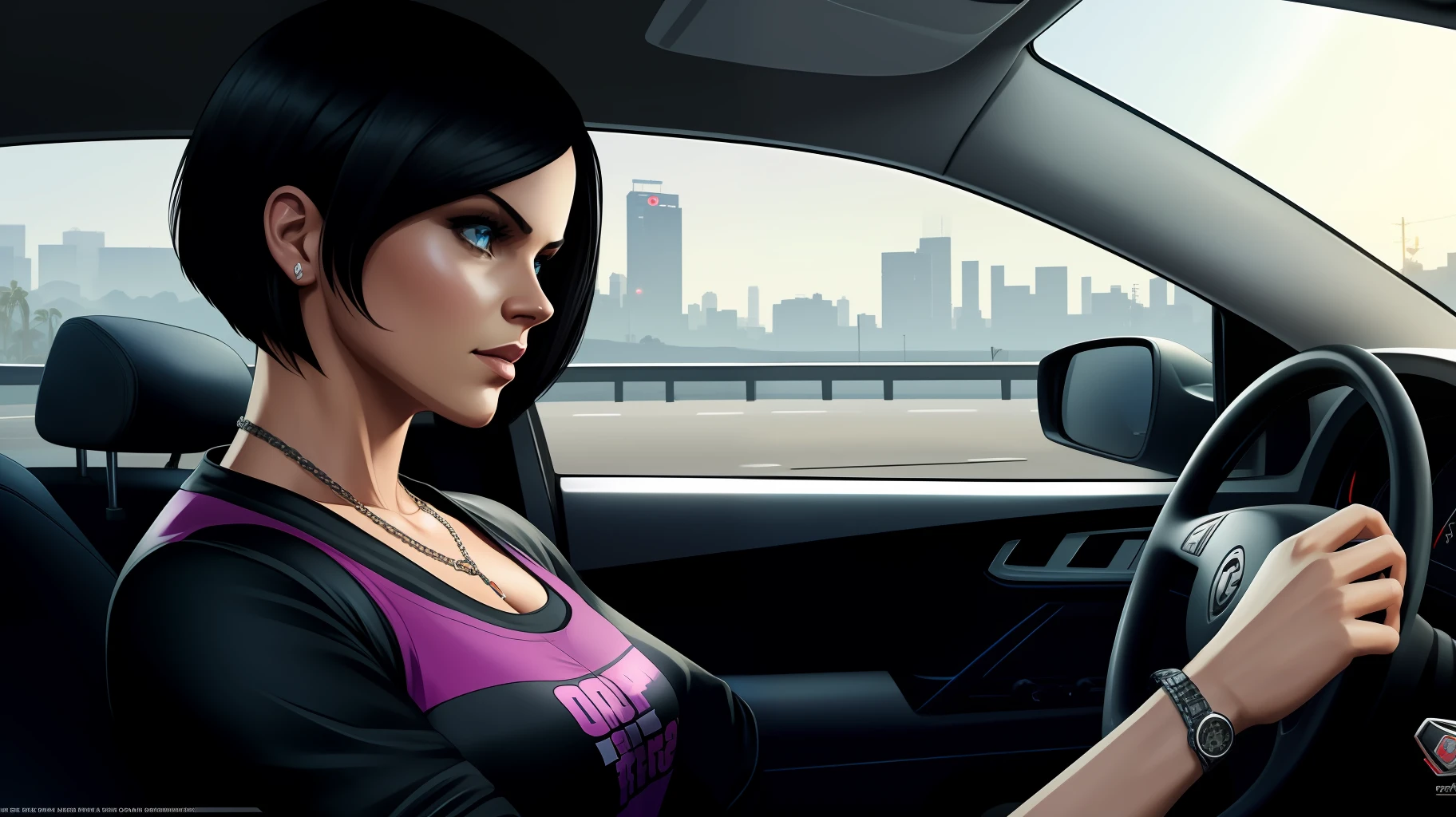 ((gta v style)), ((gta v wallpaper style)), ((gta v artwork)), realistic, photorealistic, cinematic, cinematic lights, dark colors, volumetric lights, reflections, dramatic, ultra detailed, modern, ((masterpiece)), close on the face, background embassado, faint colors, beautiful, sexy woman, solo, blue eyes, short hair, black chanel hair, hair in the wind, light age marks, slim body fitness, inside the car,  driving, shooting out the window.