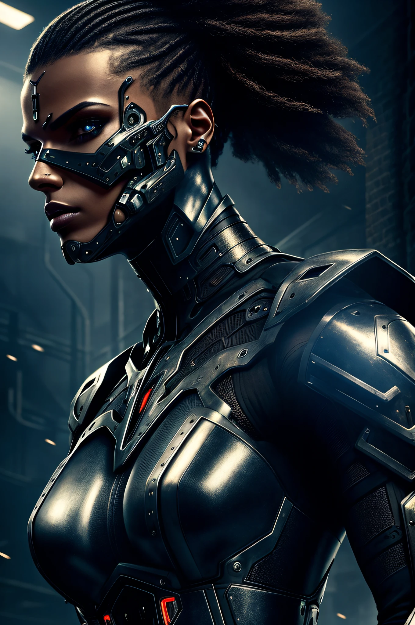 a beautiful woman cyborg warrior in the Style-RustMagic, cyberpunk augmentation, cyberware, cyborg, carbon fiber, chrome, implants, metal skull, cyber plate armor, (dark atmosphere:1.2), (fog & smoke), (dark night:1.3), scars, (dark medium length disheveled hair:1.1), (eyeshadow:1.1), (beautifully detailed glow:1.2), (Cinematic lighting), intricate detail, highres, rounded eyes, detailed facial features, sharp focus, smooth, aesthetic, detailed dark industrial factory background, stylish pose, dynamic pose, (dramapaint), (opt-6000:0.9)