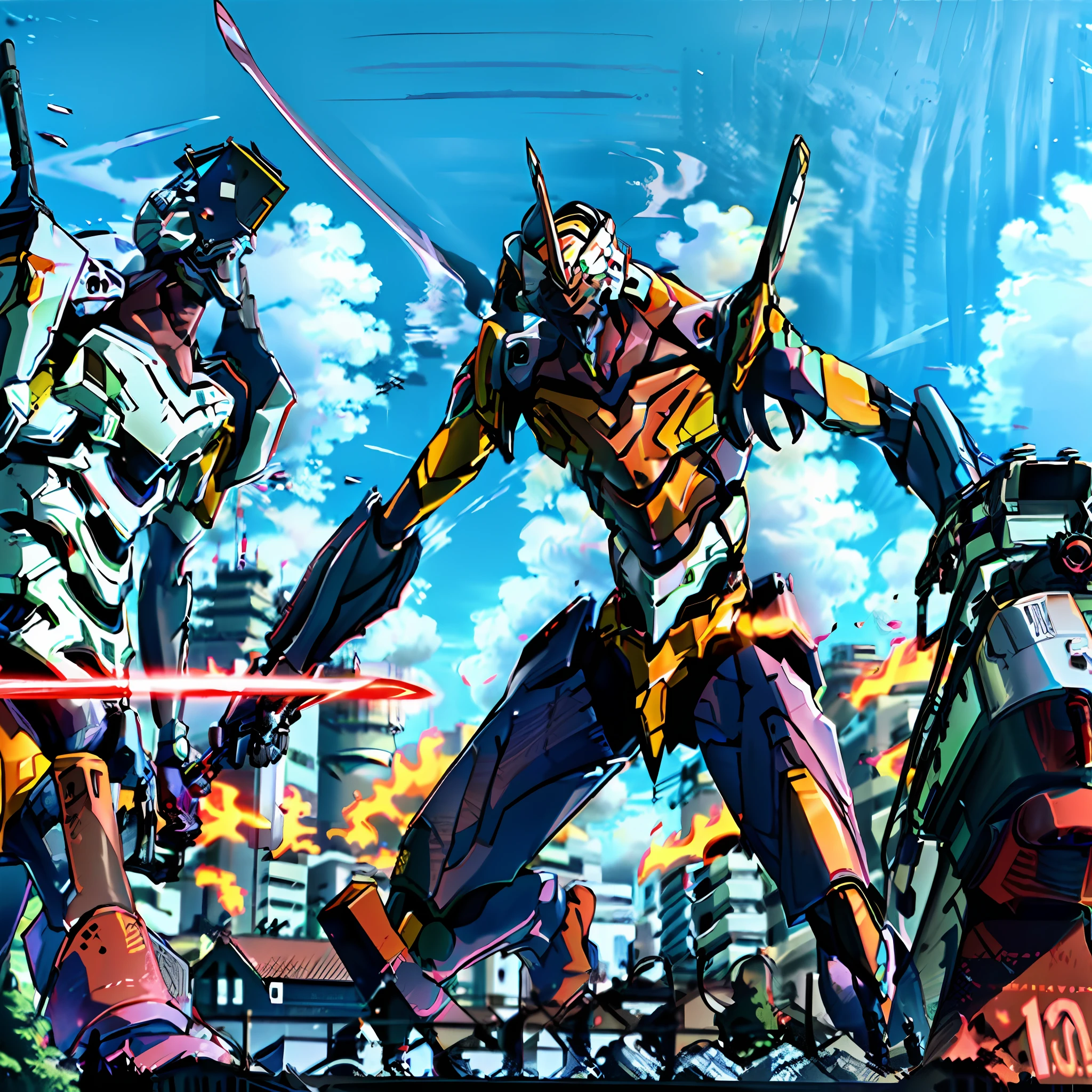 sky, clouds, holding_weapon, no_humans, 1machine, camera gaze, whole body, android, EVANGELION, robot, (holding a giant Japan sword: 1.3), Japan Tokyo, city, traditional buildings, (Japan buildings), urban, reality,