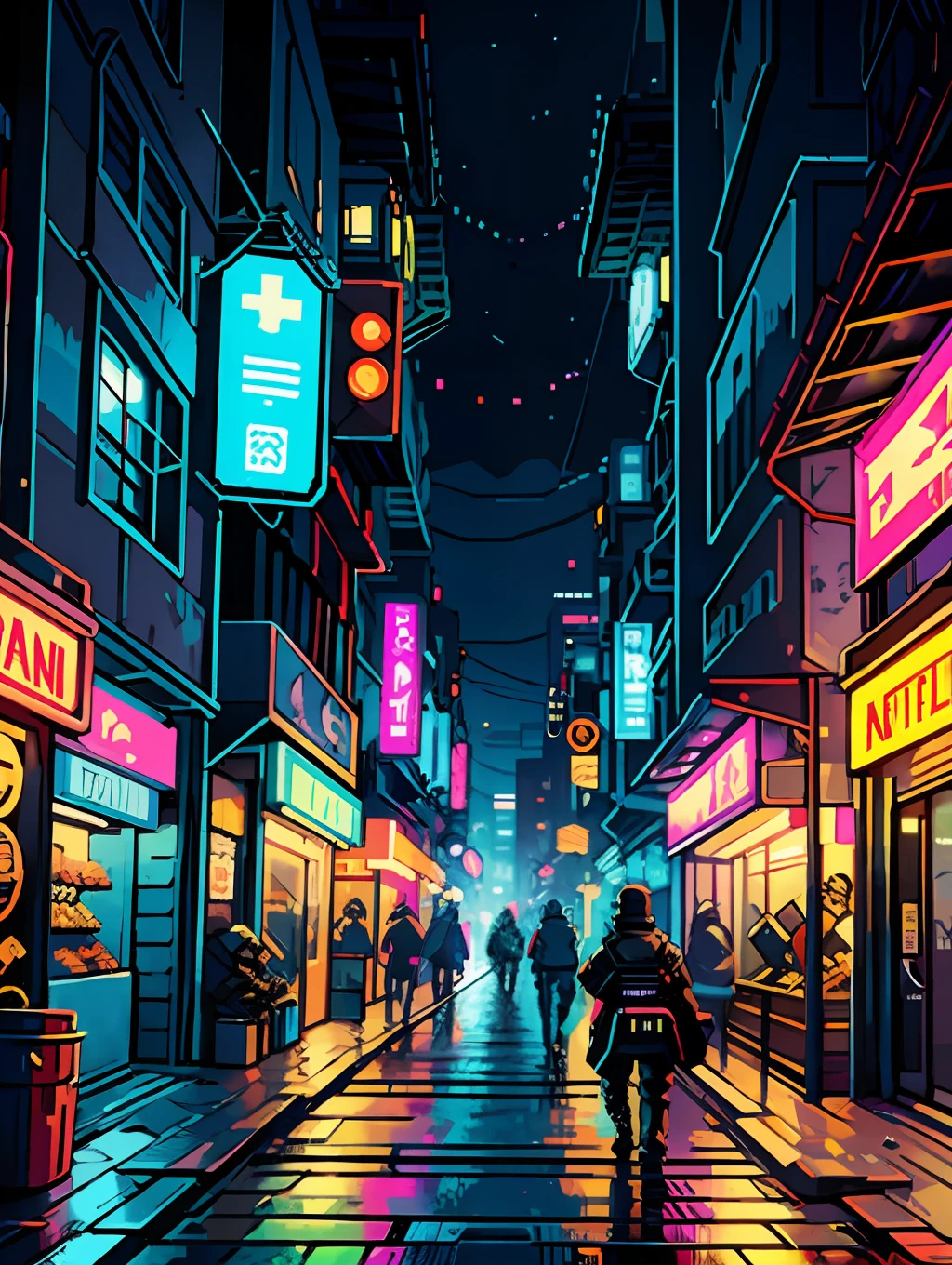 cyberpunk street, side view, 2D game style, pixel art style, cool vendors, roads and cars,