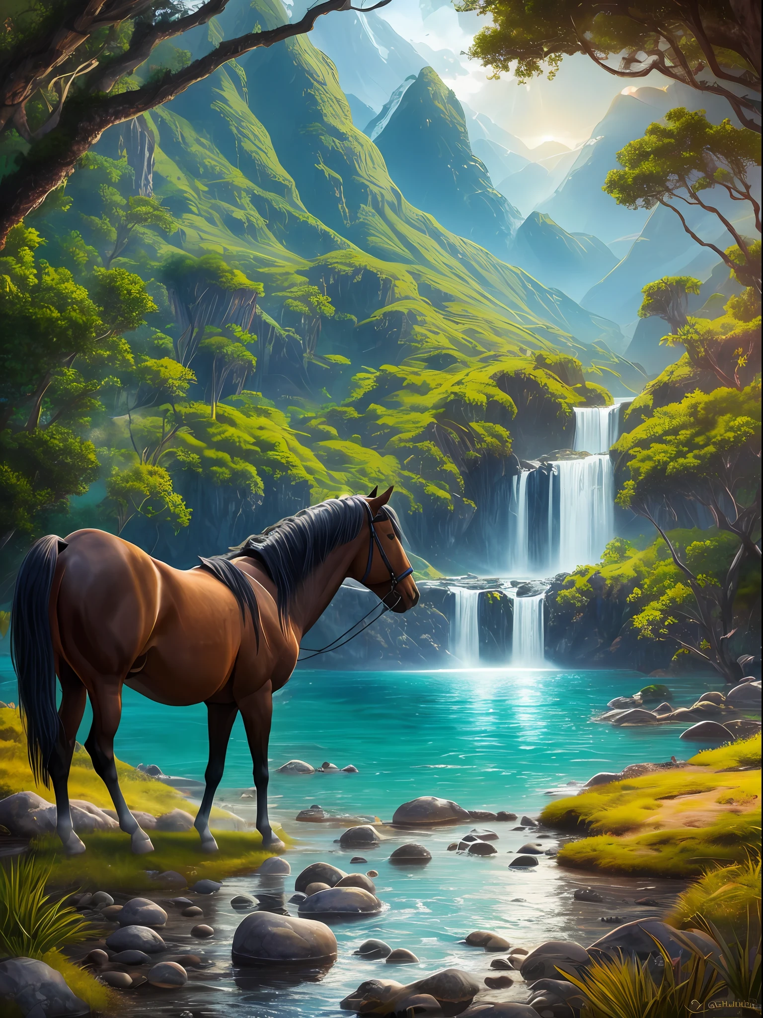 And, double ponytail, dark soul, ((cinematic lighting)), pebbles, wild horse drinking water, screen space refraction, simple, depth of field, HDR, (masterpiece), mountain boots, surreal golden tropical coastal landscape oil painting, sharp focus