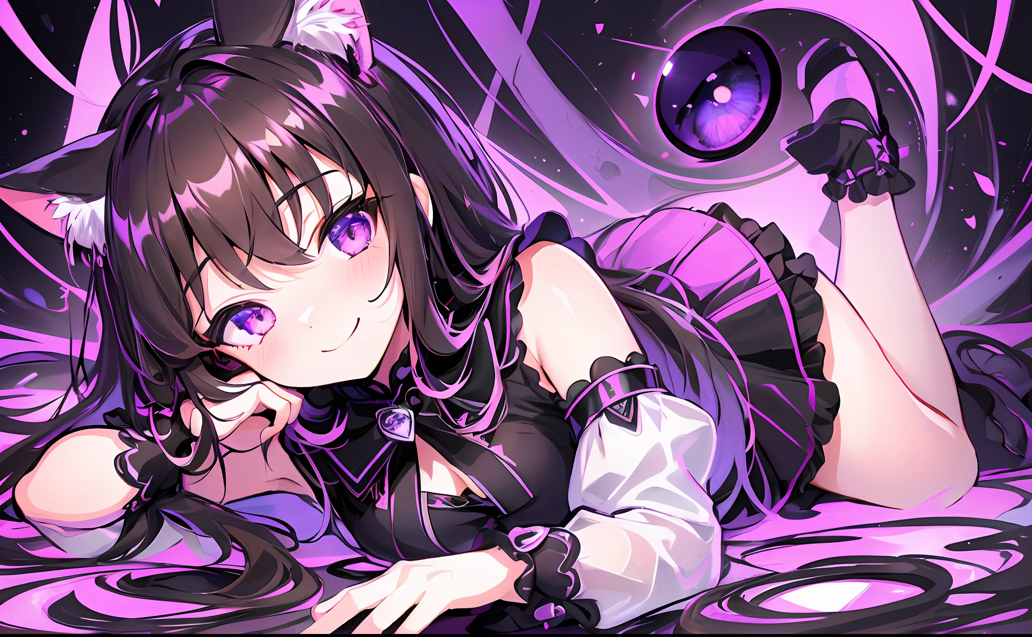 (Chibi Chibi: 1.3), Solo, Full Body, Glossy Purple Goth , Lying, Highly Detailed Face, (Absolute Area: 1.3), (Smile: 1.4), Lively, (Gravure Pose: 1.5), Beautiful Detailed Eyes, Look Up, (Eye Fit), Light Brown Long Hair, Cat Ears, Neon, Masterpiece, Top Quality, Highly Detailed 8k Wallpaper