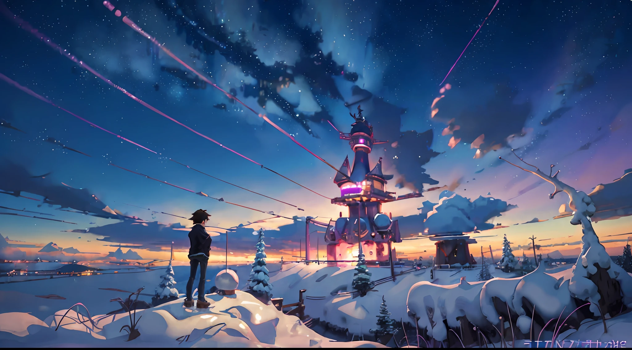 (((Makoto Shinkai style)),pixiv,anime drawing,high quality,pink purple sky,beautiful scene),(universe,train passing,magical realism,((makoto shinkai style)) ::0.8), [Artistic Atmosphere, Atmosphere:0.8, Starry Sky, Hills, Snow Mountain, Sparkling Water, Grass, Trees, Smoke, Stars, Low Angle of View, Specular Scattering,