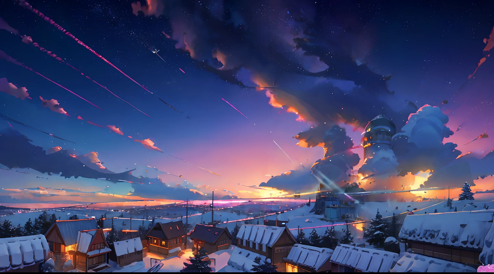 (((Makoto Shinkai style)),pixiv,anime drawing,high quality,pink purple sky,beautiful scene),(universe,train passing,magical realism,((makoto shinkai style)) ::0.8), [Artistic Atmosphere, Atmosphere:0.8, Starry Sky, Hills, Snow Mountain, Sparkling Water, Grass, Trees, Smoke, Stars, Low Angle of View, Specular Scattering,