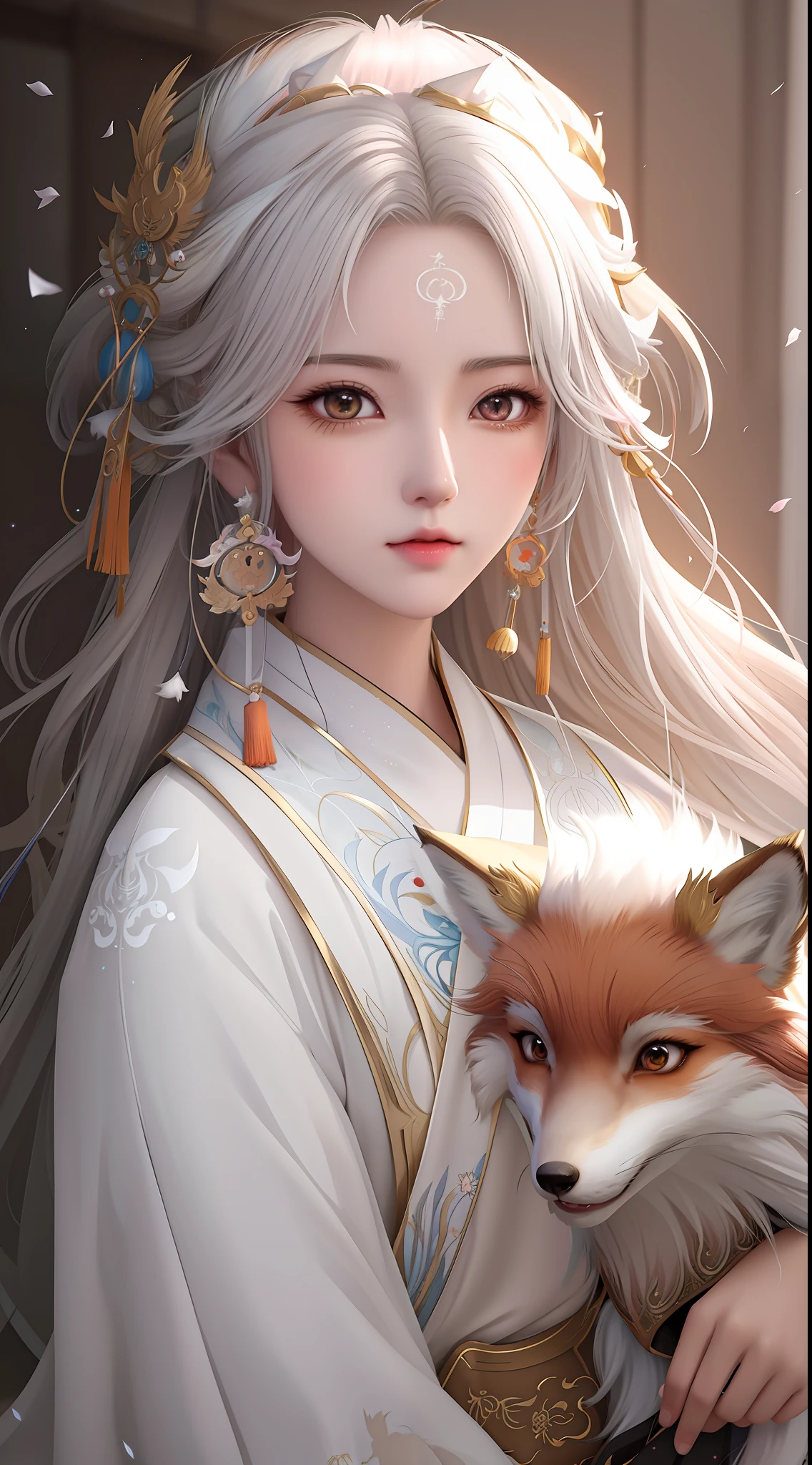 anime girl with long hair and fox, a beautiful fox lady, white - haired fox, by Yang J, artwork in the style of guweiz, beautiful character painting, guweiz, a beautiful kitsune woman, palace , a girl in hanfu, a beautiful artwork illustration, by Ni Tian, beautiful anime portrait, kitsune, white haired deity