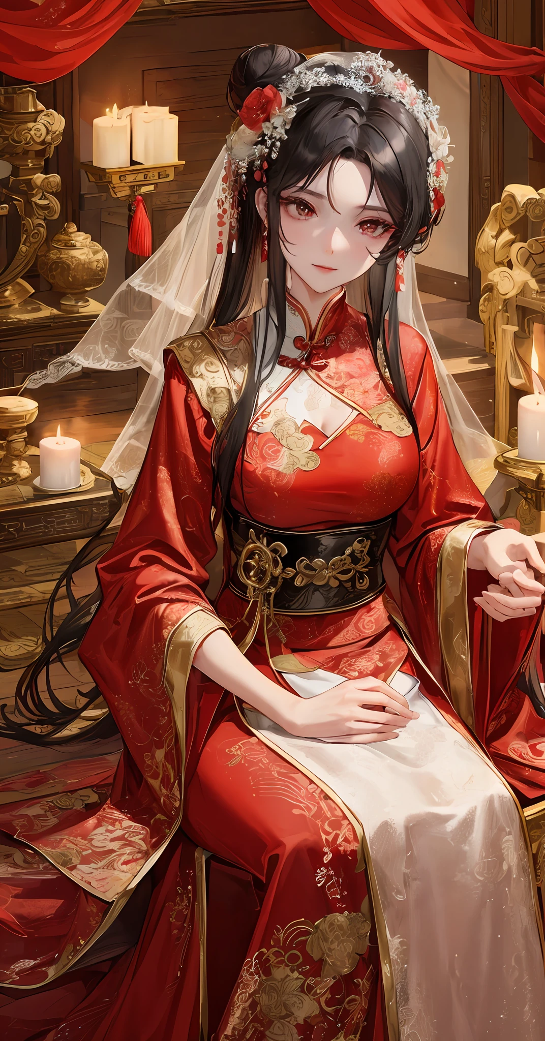 Masterpiece, Superb Product, Cave House Flower Candle Night, Wedding Scene, 1 Daughter, Mature Woman, Chinese Style, Sister, Royal Sister, Chinese Costume Red Wedding Dress, Bun, Black Long-Haired Woman, Gentle, Intellectual, Three Belts, Wedding Background, Wan, Red Lantern