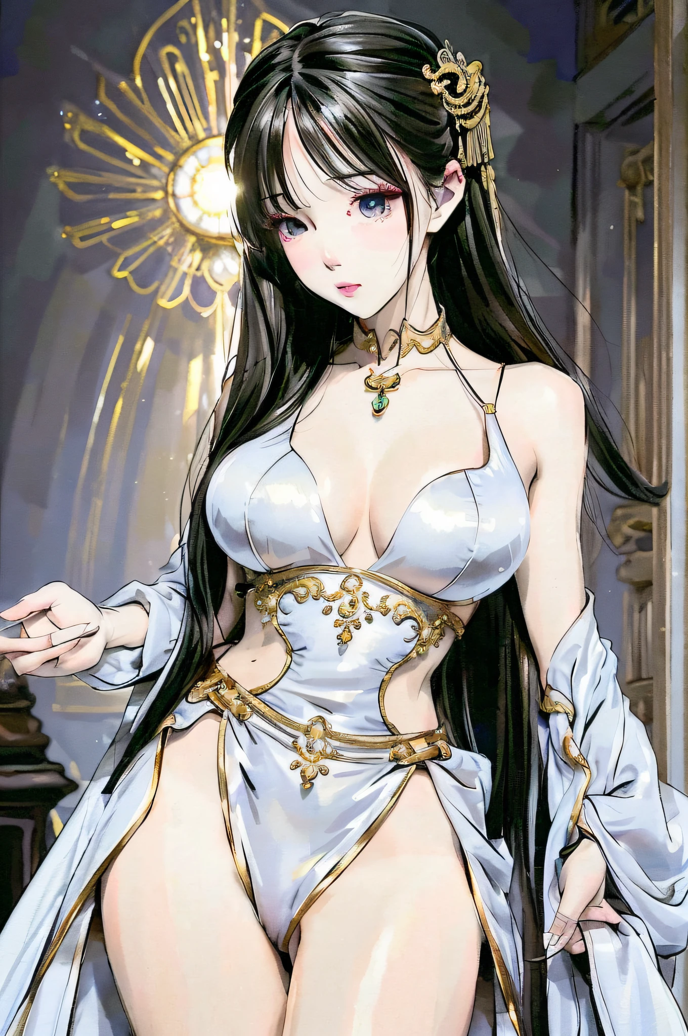 (RAW Photos: 1.2), (Photorealistic: 1.4), (Intricate Details: 1.2), (Masterpieces: 1.3), (Best Quality: 1.4), (Ultra High Definition: 1.2), Cinema Light, Ultra High Definition, (Detailed Eyes), (Detailed Facial Features), (Detailed Clothing Features), See-Through Bra, Japanese Clothing, Beauty, Princess, Queen, Woman in her 40s, Mature Atmosphere, Calm Eyes, Sharp Eyes, Hair Ornament, Gold Necklace, HDR, 8k Resolution, Viewer's Show, Skin Tight, (Shiny Skin), (Slender Girl), Dreamy, Candlelight, White Flower, Thin Waist, (Extreme Detail Illustration), Bedroom, Straight Hair, Long Hair, Black Hair, Light Green Eyes, 1girl, Cute, Innocent, (Smile), (Innocent Smile), Slender Body, Indoors, Breasts, Big, Super Big, Beautiful Nits, dynamic_color_range, Full Body, Standing Pose, Detailed Gold Cloth Texture, Detailed Face Texture, Perfect Body, (Big), Hiqcgbody,