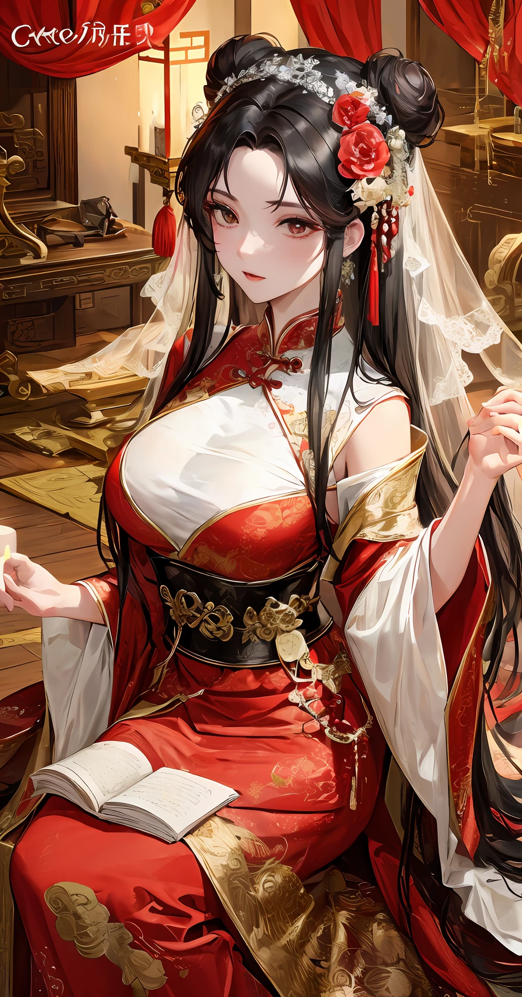 Masterpiece, Superb Product, Cave House Flower Candle Night, Wedding Scene, 1 Daughter, Mature Woman, Chinese Style, Sister, Royal Sister, Chinese Costume Red Wedding Dress, Bun, Black Long-Haired Woman, Gentle, Intellectual, Three Belts, Wedding Background, Wan, Red Lantern