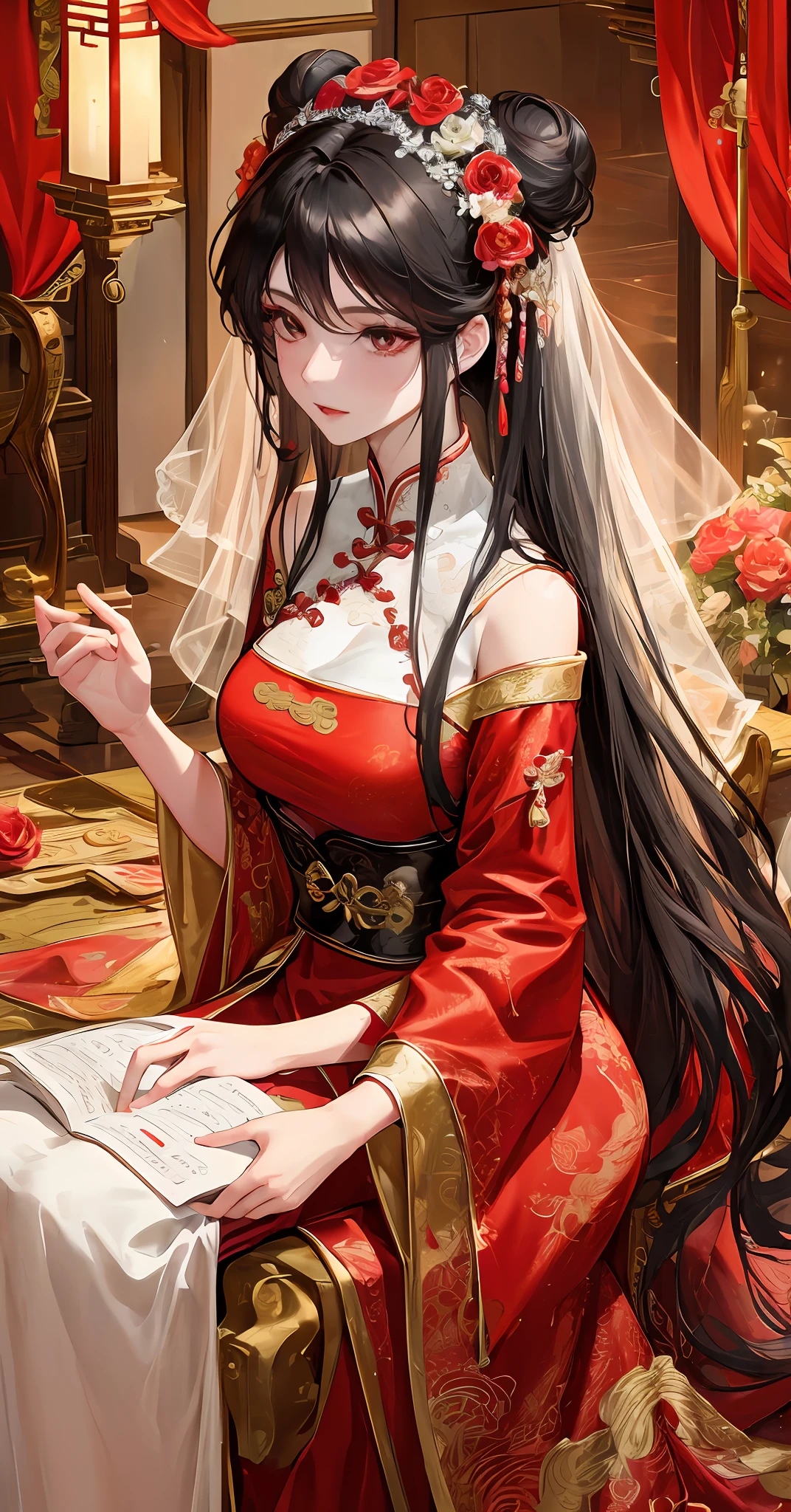 Masterpiece, Superb Product, Cave House Flower Candle Night, Wedding Scene, 1 Daughter, Mature Woman, Chinese Style, Sister, Royal Sister, Chinese Costume Red Wedding Dress, Bun, Black Long-Haired Woman, Gentle, Intellectual, Three Belts, Wedding Background, Wan, Red Lantern