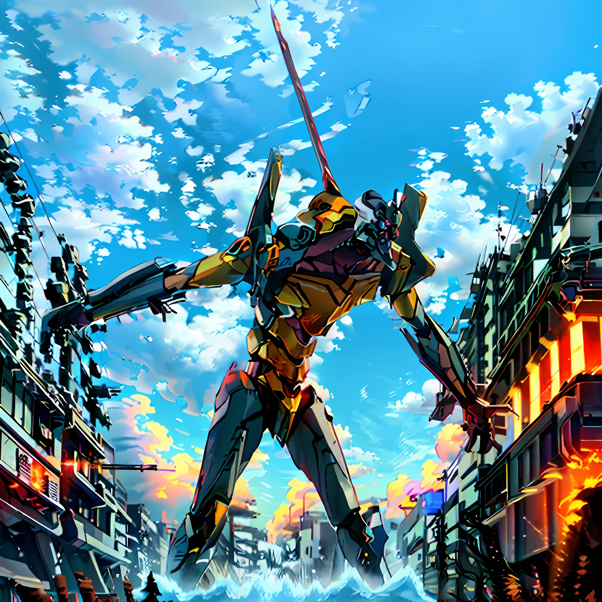 sky, clouds, holding_weapon, no_humans, 1machine, camera gaze, whole body, android, EVANGELION, robot, (holding a giant Japan sword: 1.3), Japan Tokyo, city, traditional buildings, (Japan buildings), urban, reality,