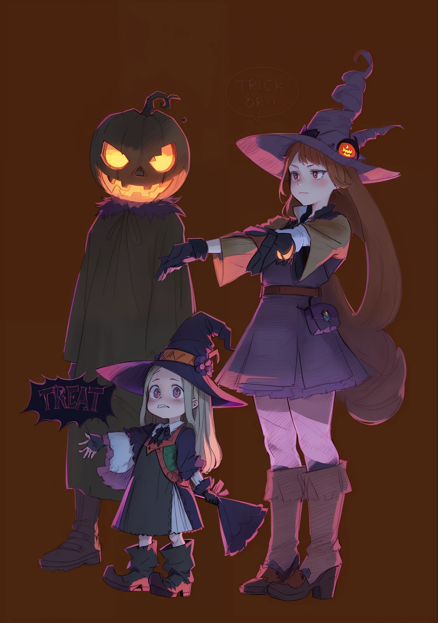 a drawing of a girl and a boy dressed up as witches, witch academia, trick or treat, little witch academia, by Kamagurka, by Naka Bokunen, by Yuki Ogura, by Ai-Mitsu, in a halloween style, witch girl, by Josetsu, flirty anime witch casting magic, half invoker half megumin
