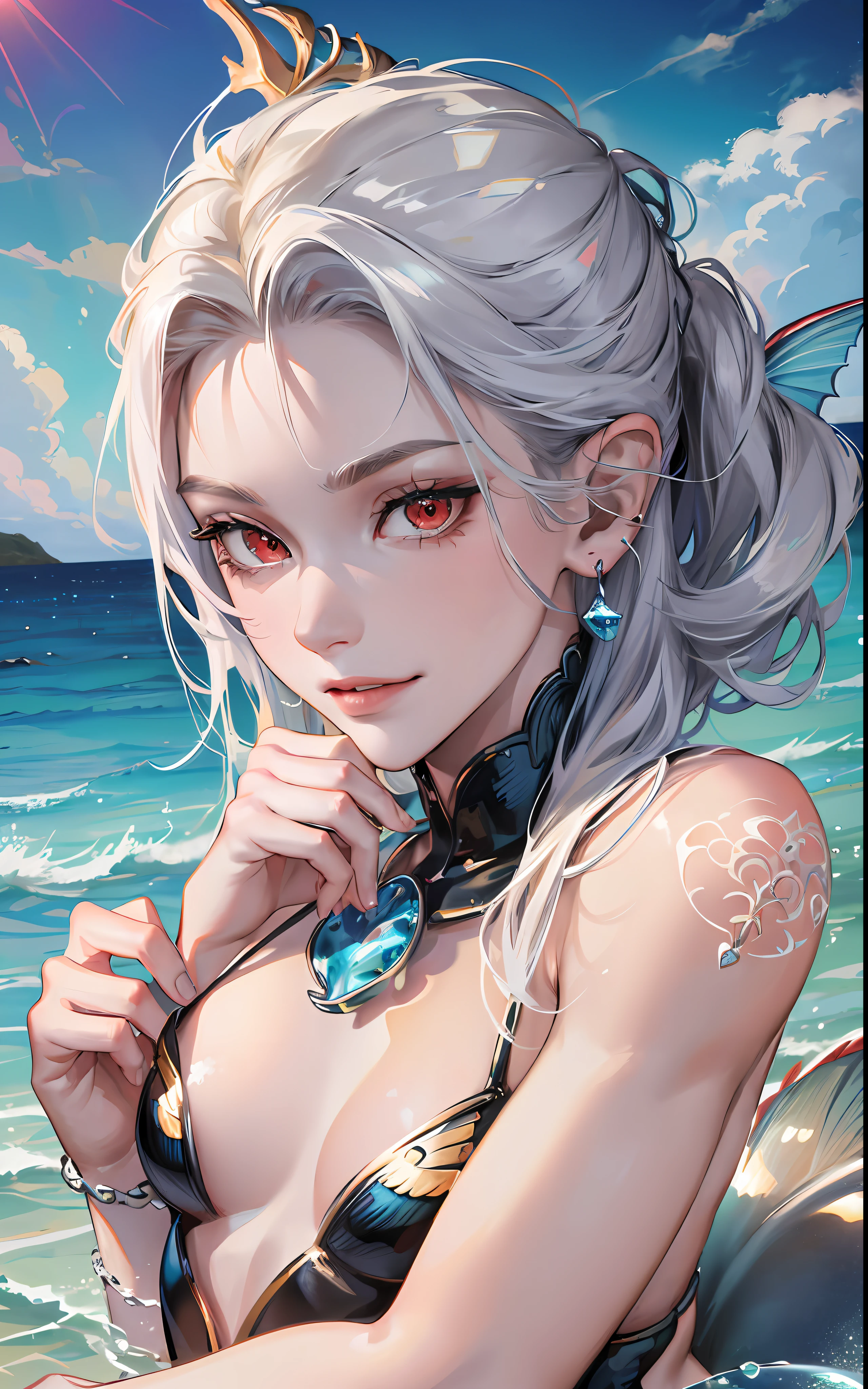 man, masculine, masculine face, attractive, muscular, (((1man))), masterpiece, absurdres, best quality ,intricate details , (shiny skin, shiny body, shiny oily luster skin, shiny hair, pale skintone), Sundown, attractive, ((muscular)), adult, one, earrings, Don't look at the view , Not looking at the view, silver hair, braided hair, perfect detailed face, perfect detailed hands, triton, fins, red eyes, triton ears, ((MLS)), smirk, medium large shoot, marine ornaments, beach in the background, ((mermaid tail)), no legs