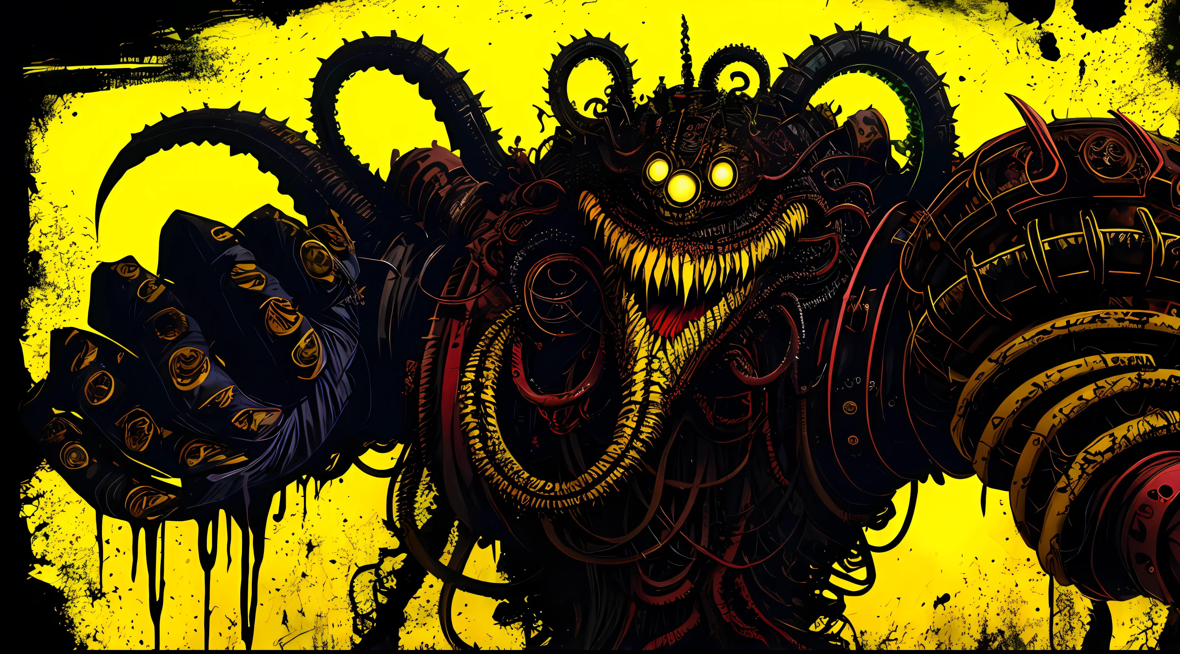 a giant evil deformed monstrous creature with tentacles, in the style of Mork Borg, strong contrast, grunge dirty punk splash art, zine black metal, yellow and black medieval background