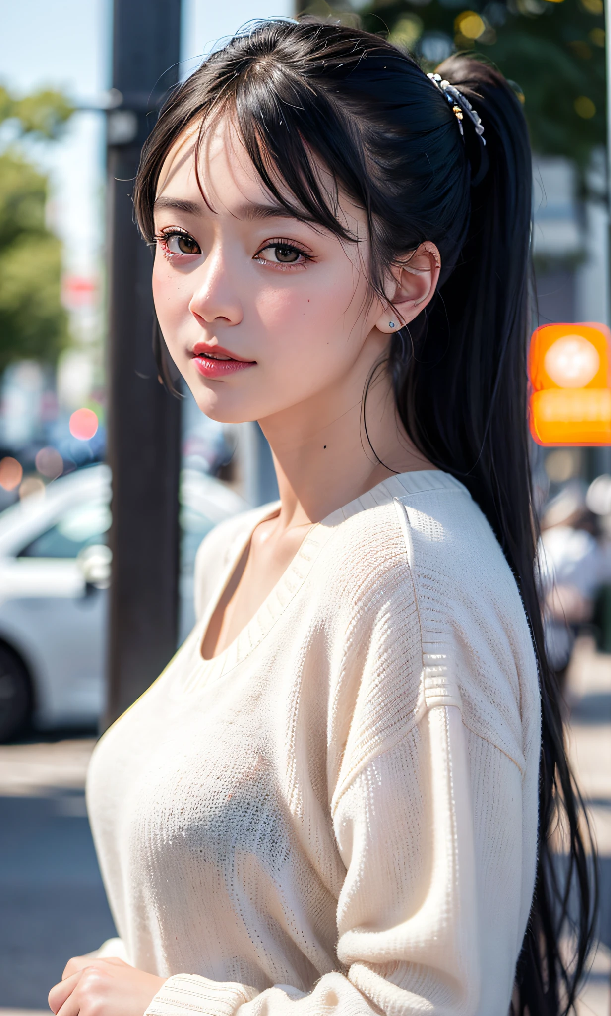 (8k, RAW photos,Best quality, High Resolution:1.1), (Hyperrealistic:1.4),(Realistic, Photorealistic:1.3), Soft Light,Realistic Face,Realistic Body,Realistic Skin,Absurdity,Masterpiece,(Cute:1.8),(Black HairLong,Half Up,Hairpin),(Big:1.2),Teardrops,Open Lips,Grinning,Blushing,Good Style, cami sweater dress,dolman sleeve sweater,cinema light,film grain,closeup,looking viewer,full body,depth of field,blurred background,eye focus,young,200mm lens,f/2.0,professional lighting,portrait,photon mapping,radiosity,physically based rendering,transparency,Japan girl,day,sunny,street corner,survey