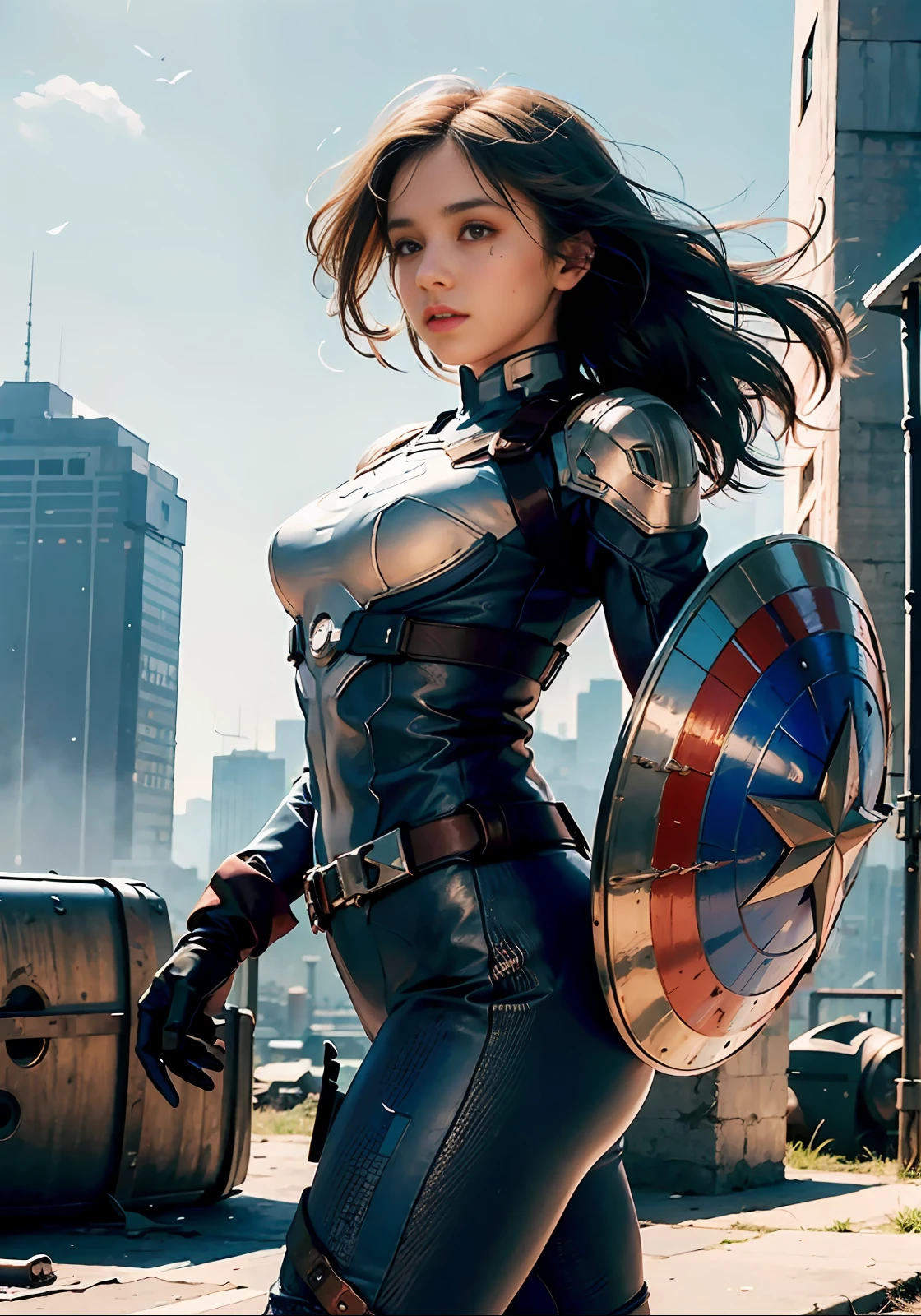 (1girl:1.3), solo, __body-parts__, official art, unified 8k wallpaper, super detailed, beautiful and aesthetic, beautiful, masterpiece, best quality, raw, masterpiece, super fine photo,, best quality, super high resolution, photorealistic photorealism, sunlight, full body portrait, amazing beauty,,dynamic pose, delicate face, vibrant eyes, (viewed from the side), she wears a futuristic Captain America suit, blue color scheme, (holding a shield in hand), A capital A on chest, very detailed abandoned warehouse background, detailed face, detailed complex busy background, messy, gorgeous, milky white, highly detailed skin, realistic skin details, visible pores, sharp focus, volumetric fog, 8k uhd, DSLR camera, high quality, film grain, fair skin, photo realism, lomography, huge metropolis in future dystopia, seen from below, translucent
