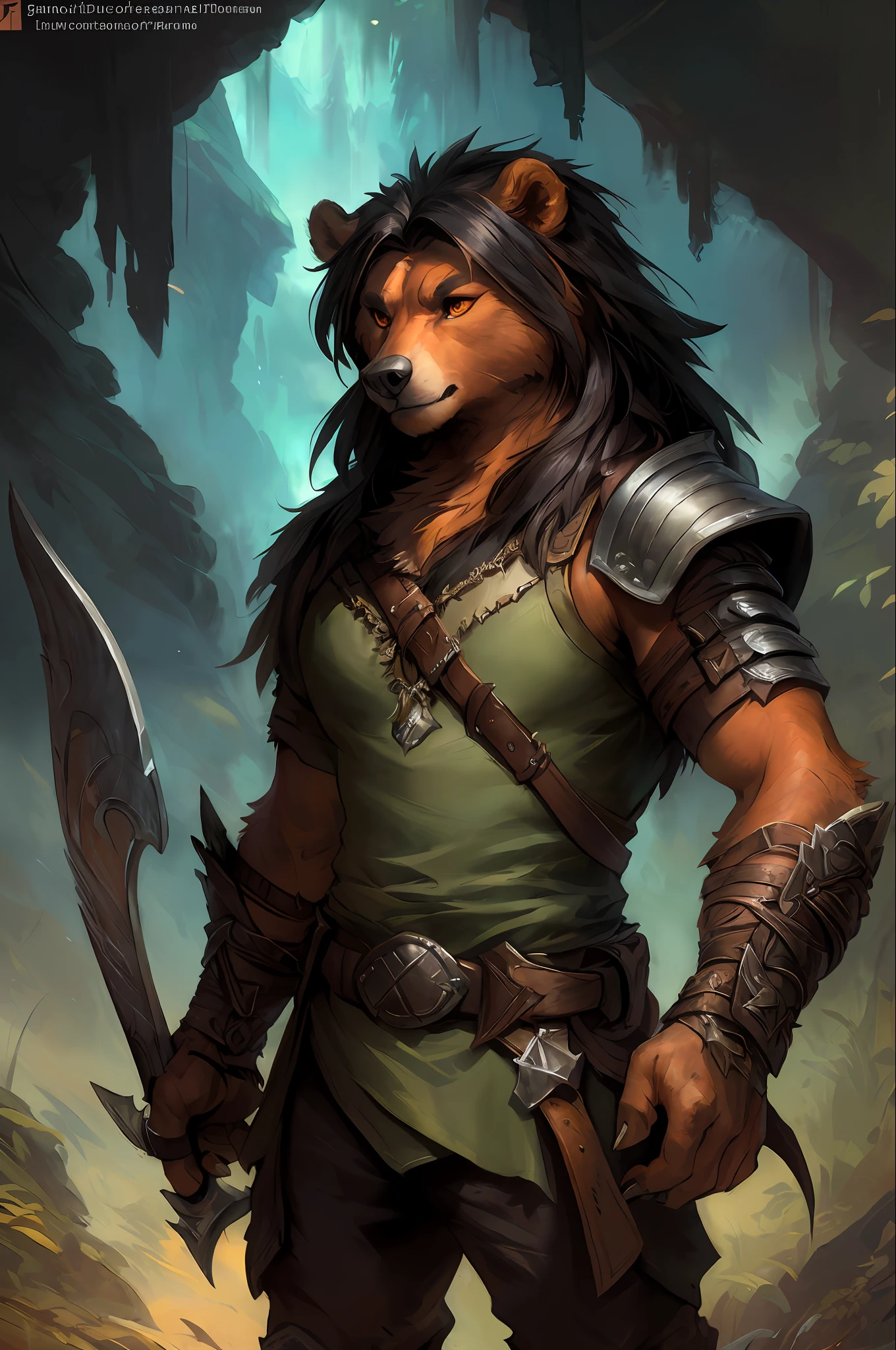 kenket, ross tran, ruan jia, bonifasko, a mighty male bear made out of (wandering barbarian), solo, alone, powerful, incredibly awesome, orange eyes, big black mane of hairs, fantasy portrait, finely detailed brown medieval leather armor, intricate design, double blades, silk, cinematic lighting, 4k,