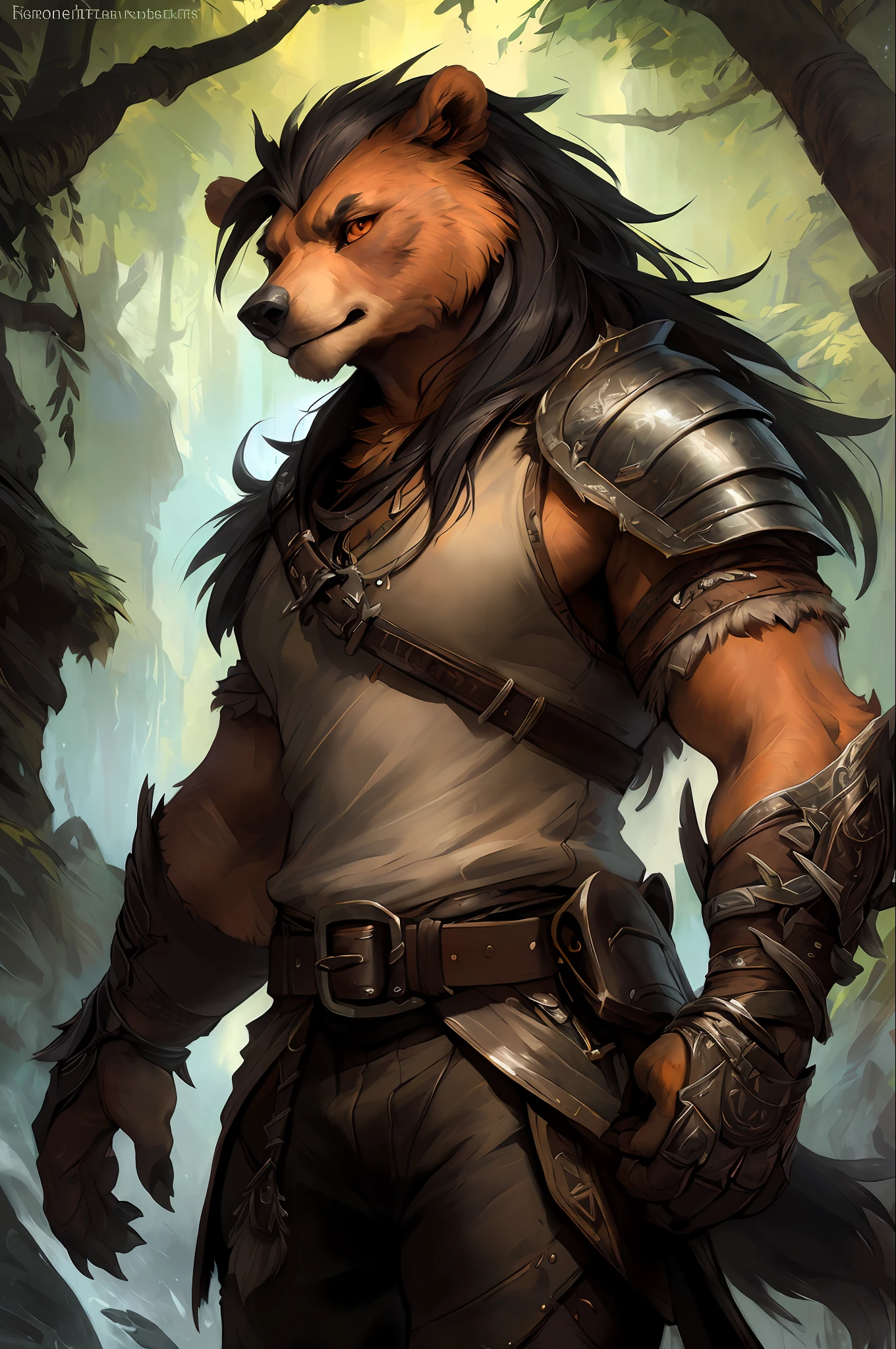 kenket, ross tran, ruan jia, bonifasko, a mighty male bear made out of (wandering barbarian), solo, alone, powerful, incredibly awesome, orange eyes, big black mane of hairs, fantasy portrait, finely detailed brown medieval leather armor, intricate design, double blades, silk, cinematic lighting, 4k,