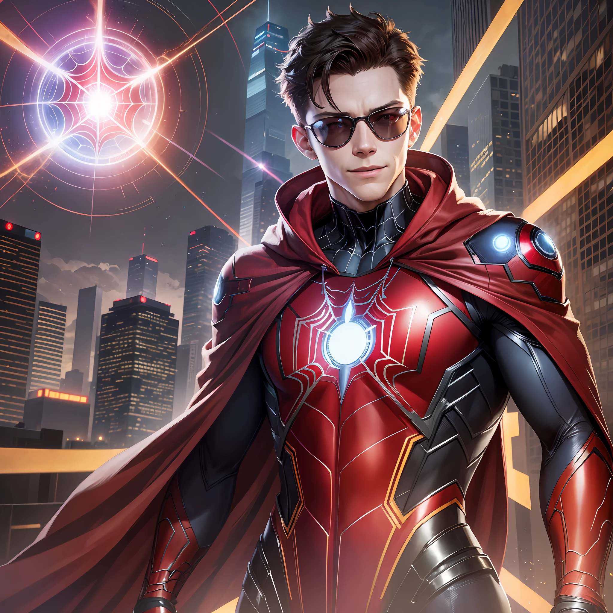 Tom Holland, Arc Reactor, Spider-Man, Iron Spider, Nanotechnology, Smile, Web Shooter, Masterpiece, Top Quality, Red Cloak, Beam, Black Sunglasses, Repulsar Ray, Red Bandage on the forehead,
