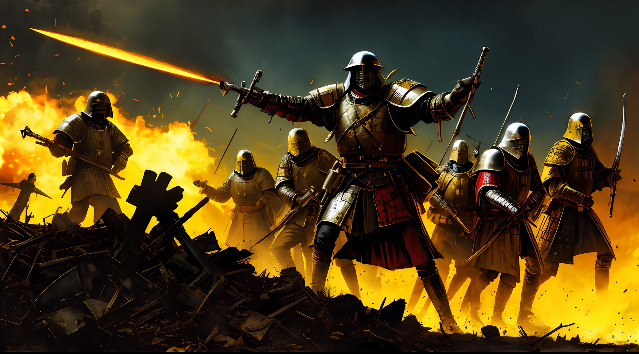 medieval armies at war, in the style of Mork Borg, strong contrast, grunge dirty punk splash art, zine black metal, yellow and black medieval background